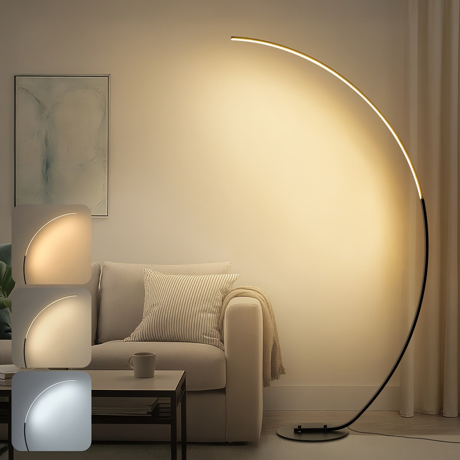 A 65-Inch Arched Floor Lamp Featuring a Remote Control, This Modern Lamp Offers Three Adjustable Color Temperatures And Dimmable Black LED Lights, Perfect for Creating a Cozy Atmosphere in Your Bedroom Or Living Room