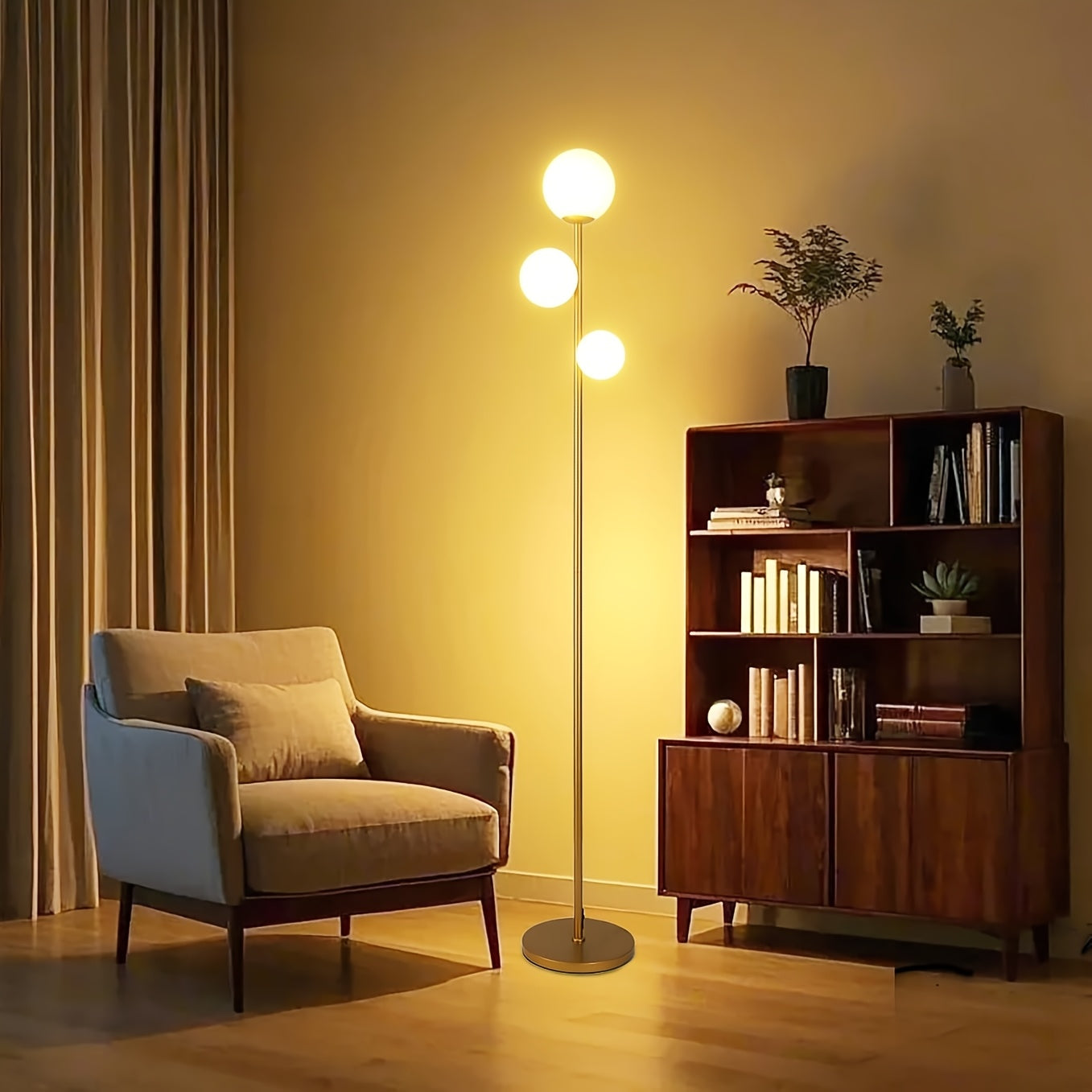 3-Globe Mid Century Modern Floor Lamps for Living Room, Rotatable Dimmable Floor Lamp, Standing Lamp with Marble Base, Golden Tall Lamp with Glass Shades, Pole Lamps for Bedroom, Bulbs Included, for Bedrooms, Office, Christmas
