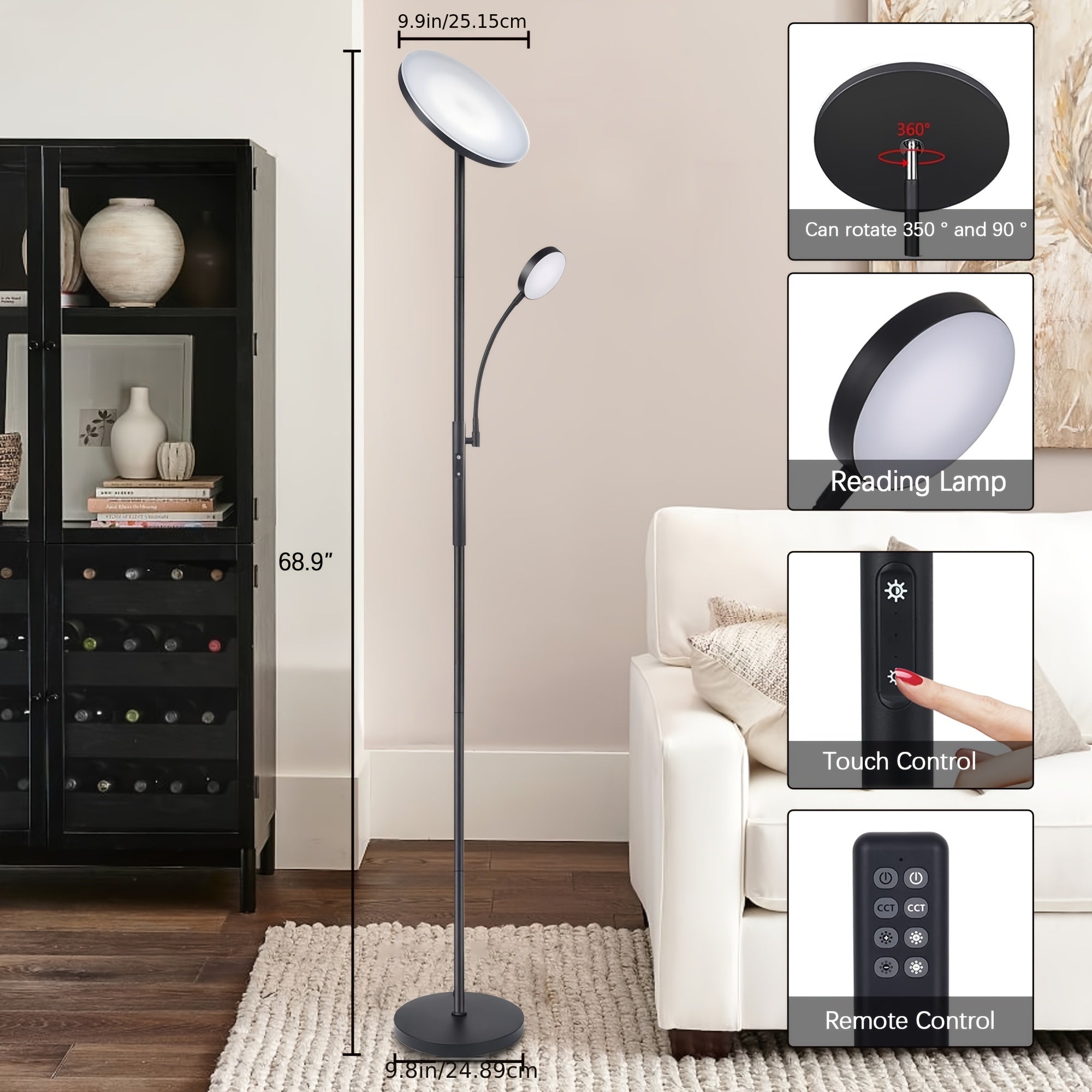 Dual-Function LED Floor Lamp, Featuring a 27W\u002F2300LM Main Light And a 7W\u002F350LM Reading Light, with Four Adjustable Color Temperatures. This Dimmable Torchiere Standing Lamp Includes Remote And Touch Control, Suitable for Home And Office Use