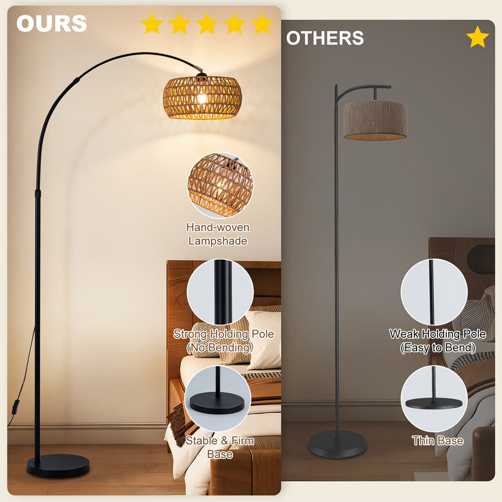 80-inch Jute Rope Curved Floor Lamp E26 Socket Translucent Jute Shade Weighted Base Adjustable Height Adjustable Angle Black Floor Lamp for Living Room, Bedroom, Study, Office (Bulb Not Included)