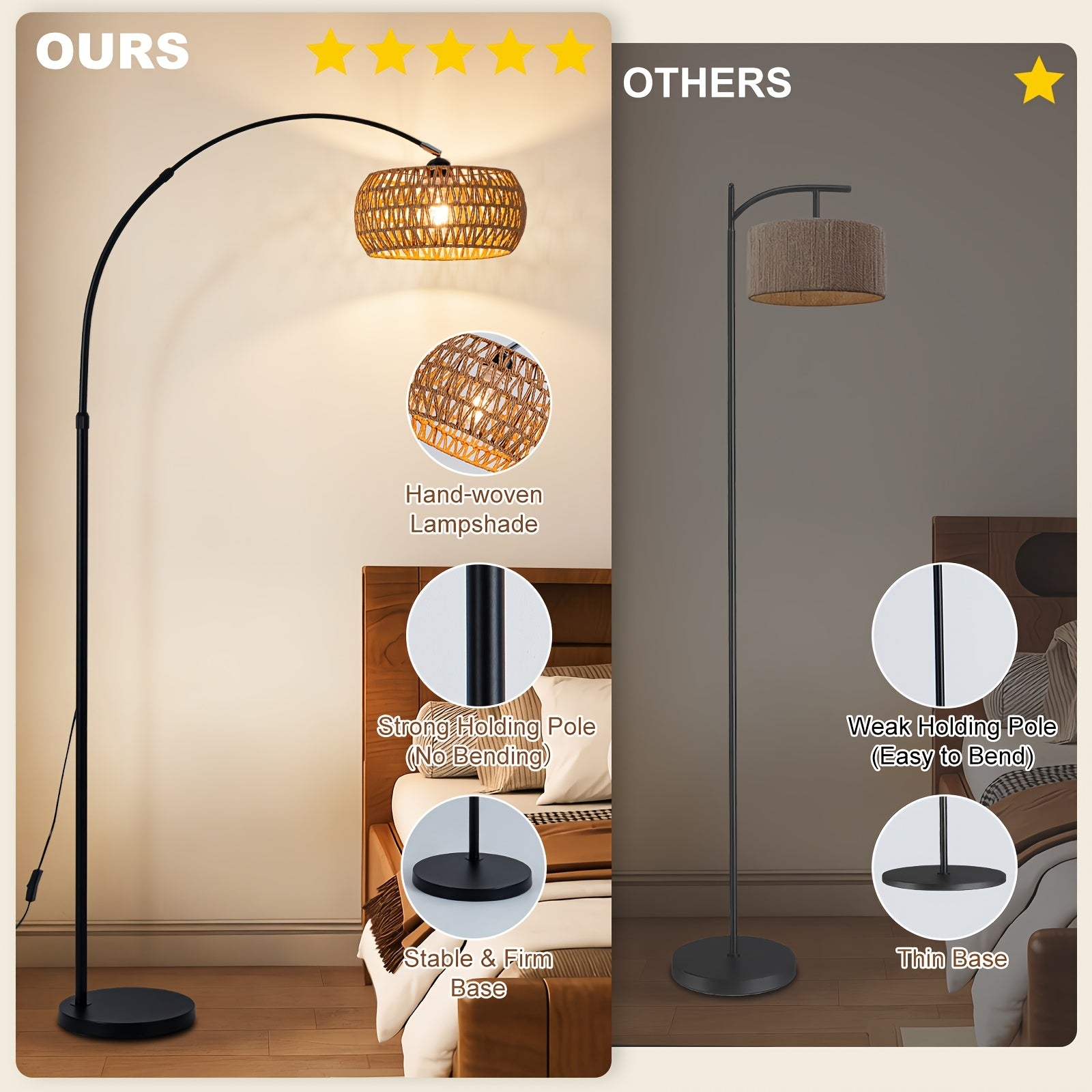 80-inch Jute Rope Curved Floor Lamp E26 Socket Translucent Jute Shade Weighted Base Adjustable Height Adjustable Angle Black Floor Lamp for Living Room, Bedroom, Study, Office (Bulb Not Included)