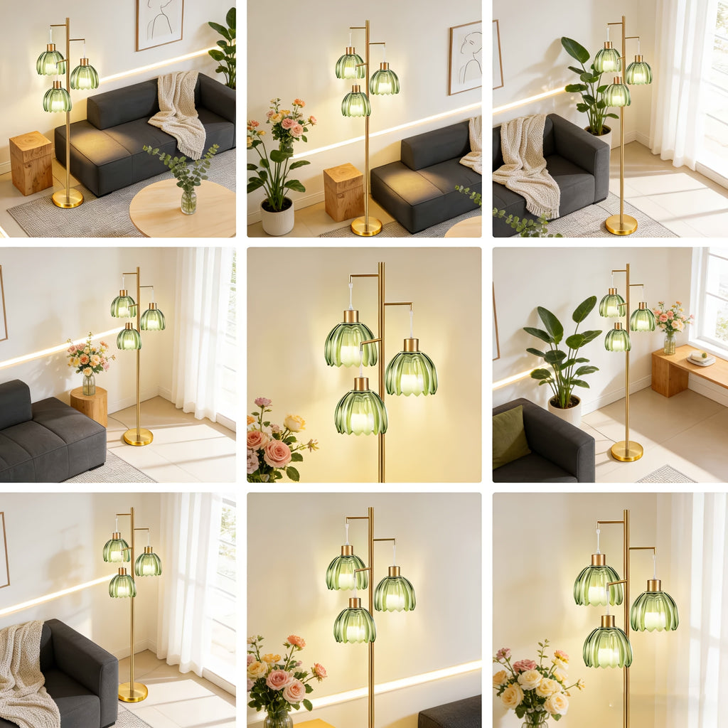 3-Globe Mid Century Modern Floor Lamps for Living Room, Rotatable Dimmable Floor Lamp, Standing Lamp with Marble Base, Golden Tall Lamp with Glass Shades, Pole Lamps for Bedroom, Bulbs Included, for Bedrooms, Office, Christmas
