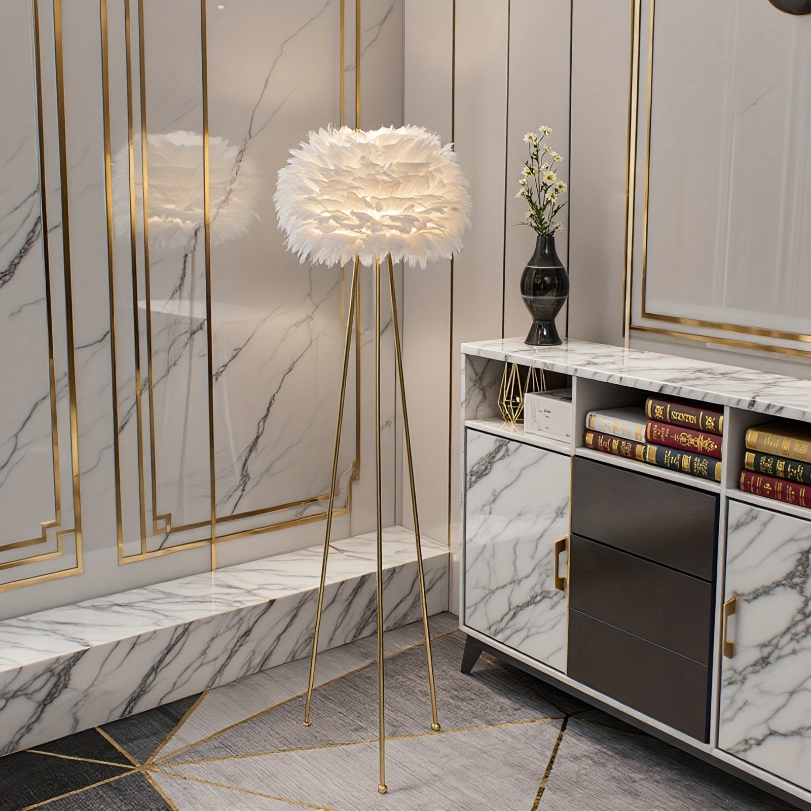 60-Inch Feather Floor Lamp Featuring a Tripod Design with a White Feather Shade, Ideal for Illuminating Bedrooms, Dining Areas, Living Rooms, Kitchens, Studies, And Offices