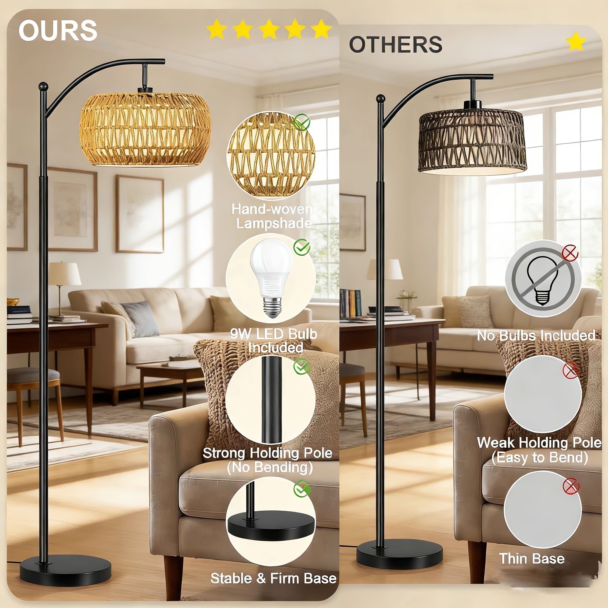 Arc Floor Lamp For Living Room Bedroom -Black Metal Body With Paper Rope & Fabric Shade, Dimmable Color Temperature, Remote-Controlled Industrial Bohemian Farmhouse Standing Light