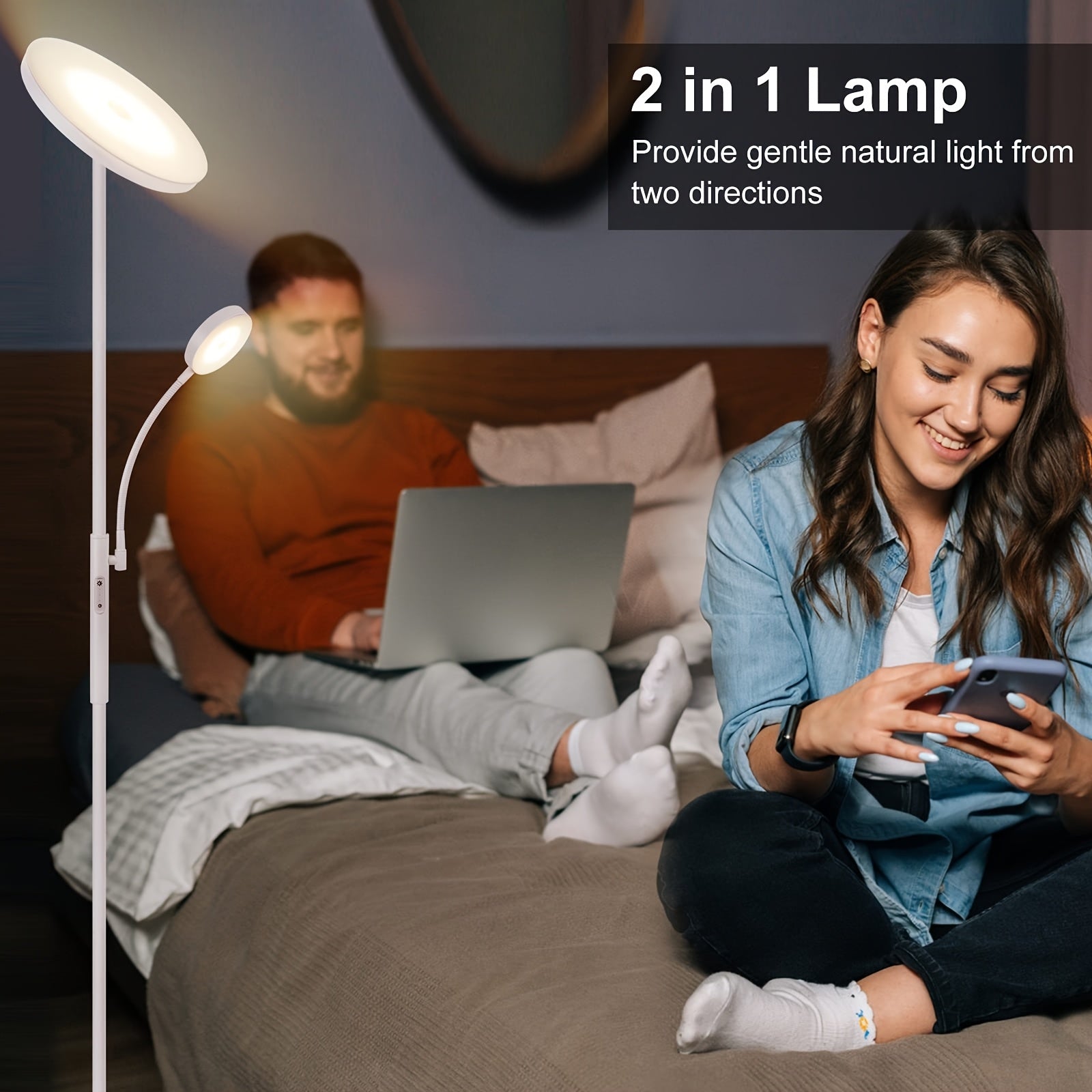 Dual-Function LED Floor Lamp, Featuring a 27W\u002F2300LM Main Light And a 7W\u002F350LM Reading Light, with Four Adjustable Color Temperatures. This Dimmable Torchiere Standing Lamp Includes Remote And Touch Control, Suitable for Home And Office Use