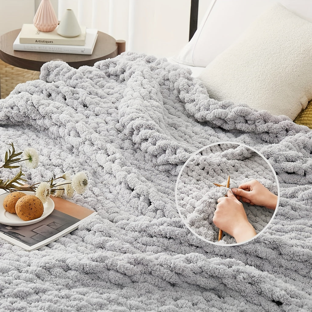 Chunky Blanket Throw, 100% Hand Chenille Throw Blanket for Sofa & Home Decor, Handmade Thick Cable Crochet Blanket