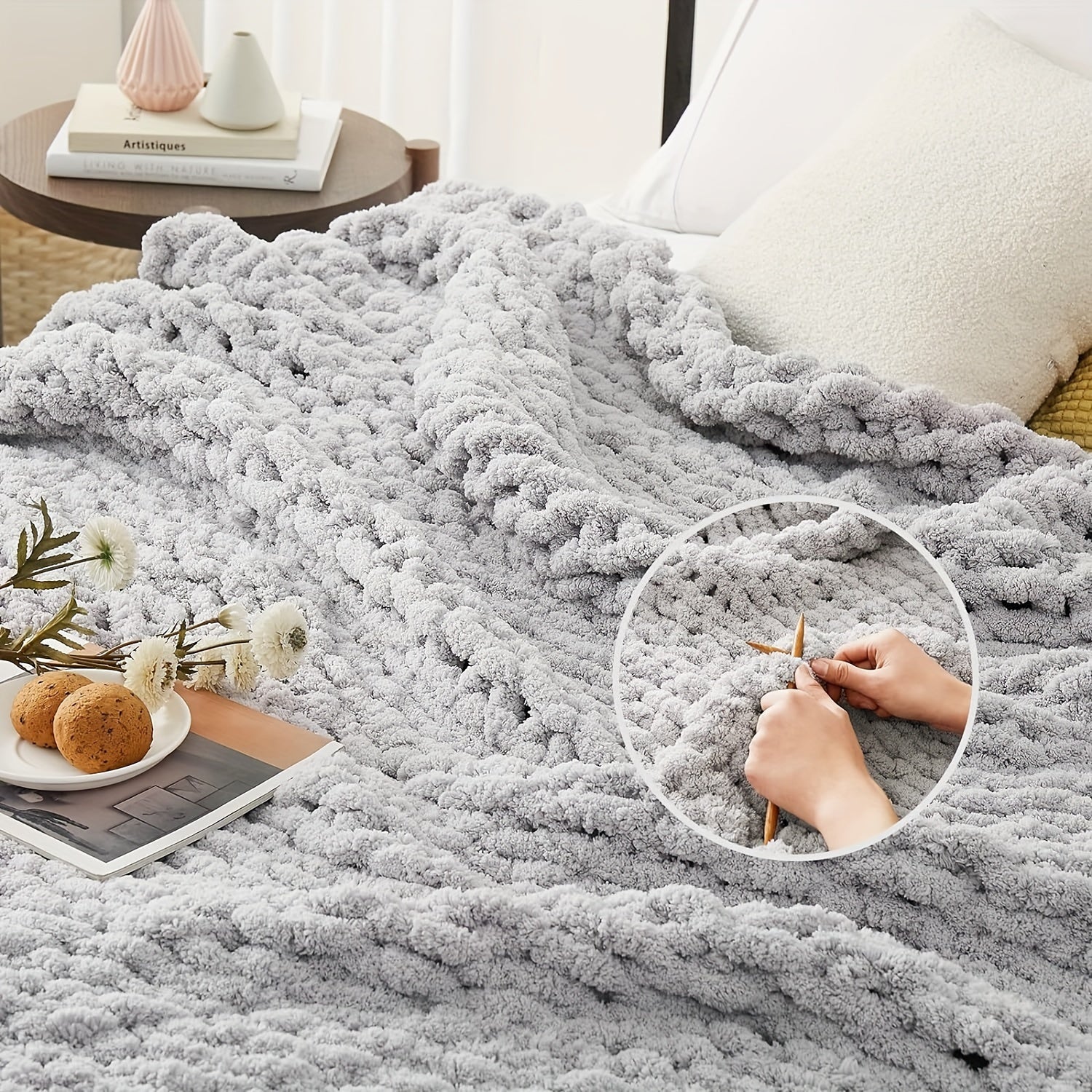 Chunky Blanket Throw, 100% Hand Chenille Throw Blanket for Sofa & Home Decor, Handmade Thick Cable Crochet Blanket