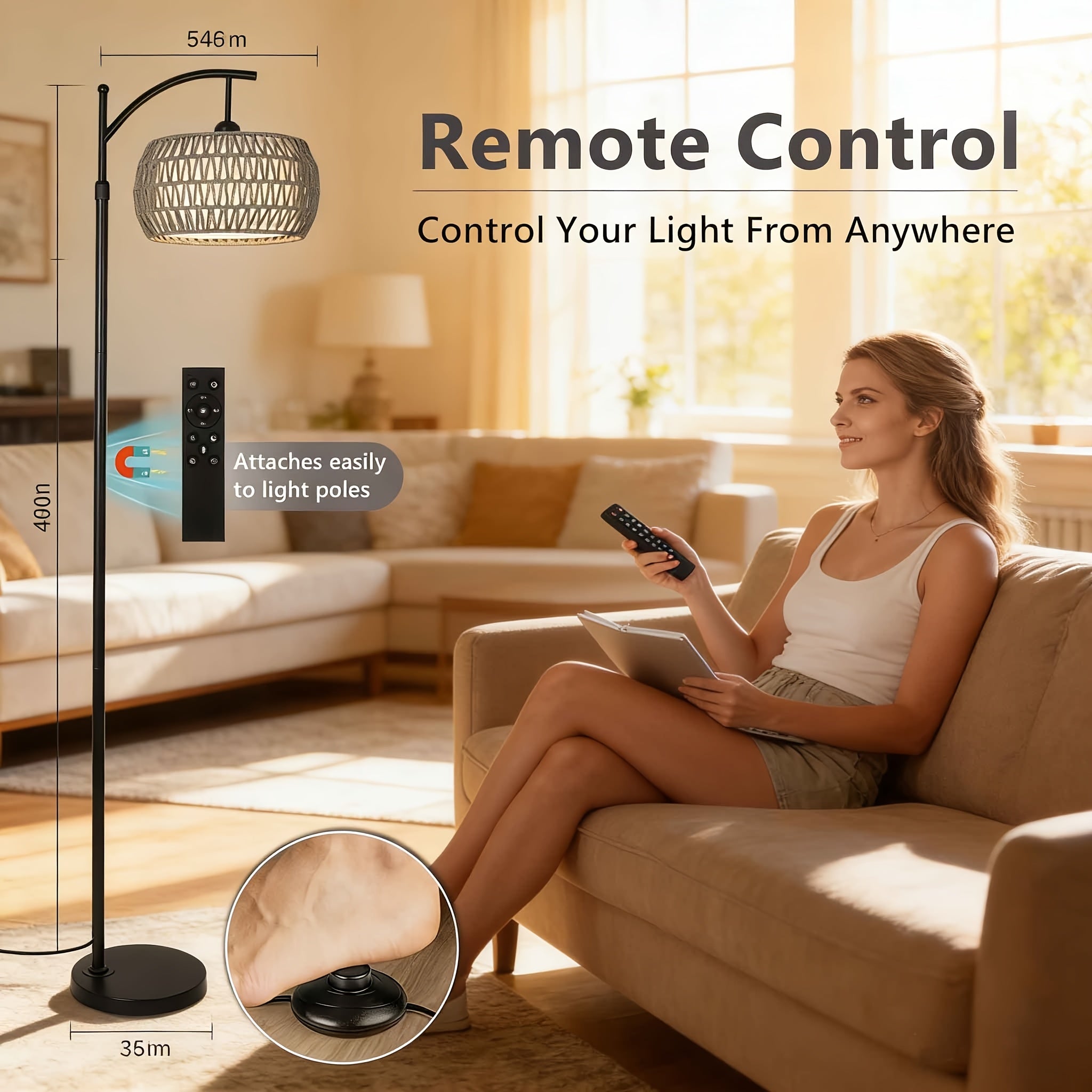 Arc Floor Lamp For Living Room Bedroom -Black Metal Body With Paper Rope & Fabric Shade, Dimmable Color Temperature, Remote-Controlled Industrial Bohemian Farmhouse Standing Light