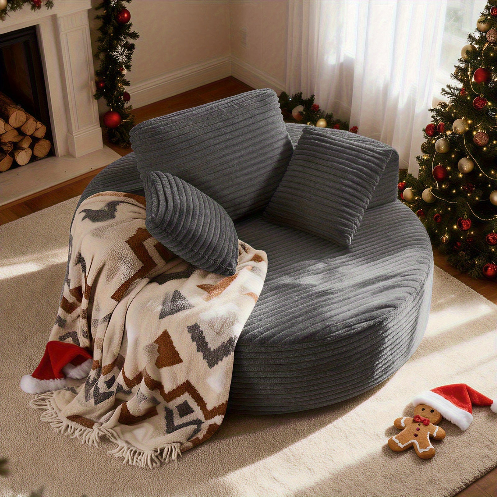 55-inch Extra Large Round Indoor Recliner, Modern Corduroy Deep Seat Single Cloud Lounge Floor Sofa Chair for Living Room, Bedroom, Apartment, No Installation Required