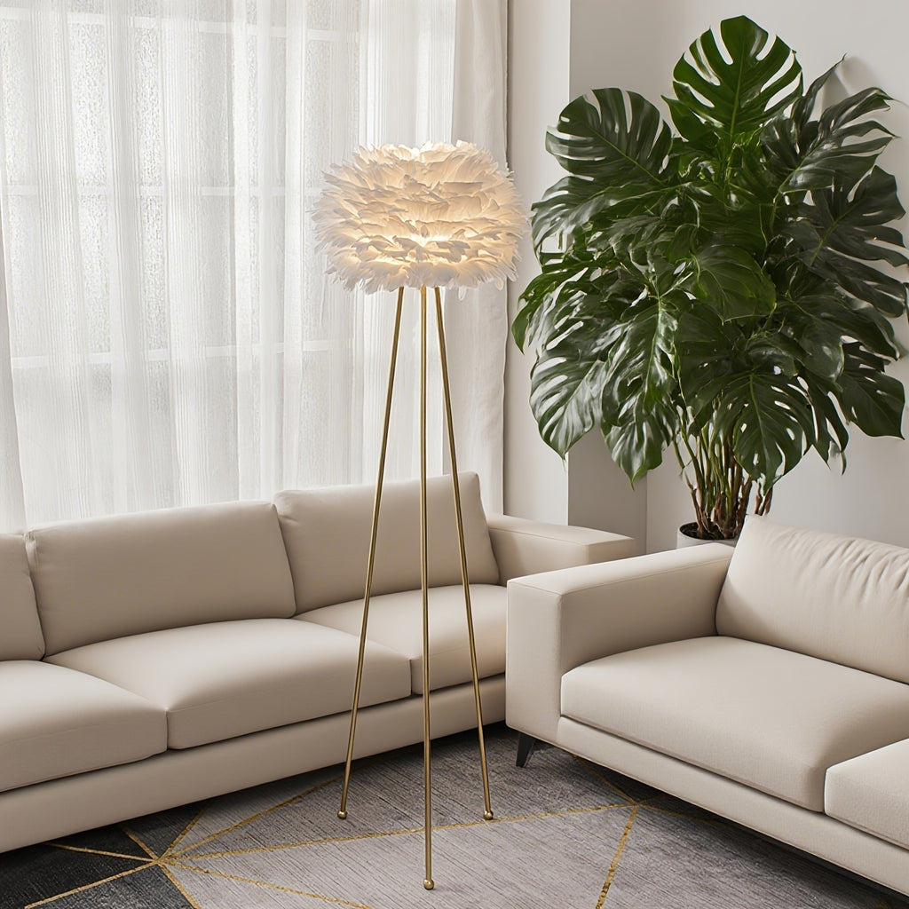 60-Inch Feather Floor Lamp Featuring a Tripod Design with a White Feather Shade, Ideal for Illuminating Bedrooms, Dining Areas, Living Rooms, Kitchens, Studies, And Offices
