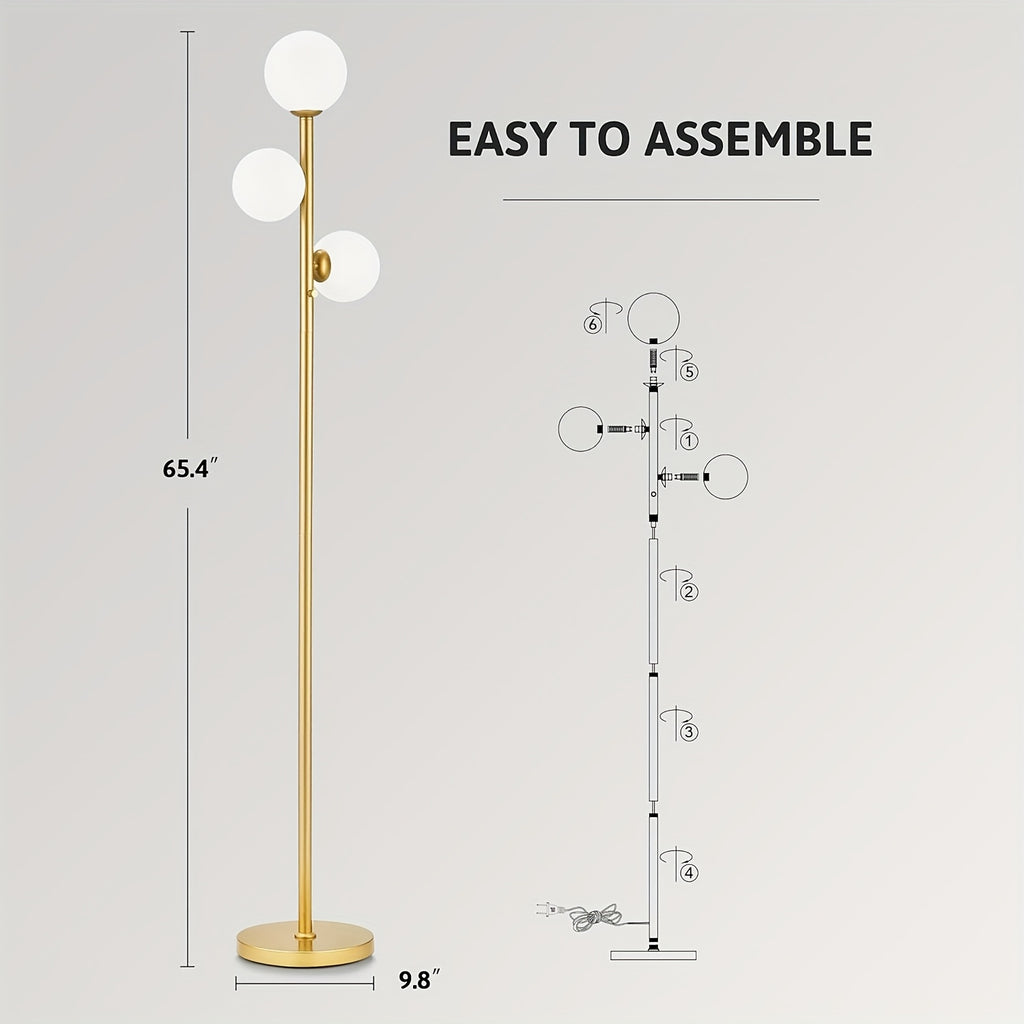 3-Globe Mid Century Modern Floor Lamps for Living Room, Rotatable Dimmable Floor Lamp, Standing Lamp with Marble Base, Golden Tall Lamp with Glass Shades, Pole Lamps for Bedroom, Bulbs Included, for Bedrooms, Office, Christmas