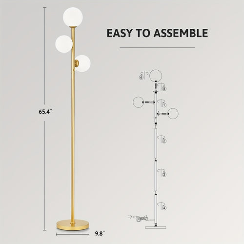 3-Globe Mid Century Modern Floor Lamps for Living Room, Rotatable Dimmable Floor Lamp, Standing Lamp with Marble Base, Golden Tall Lamp with Glass Shades, Pole Lamps for Bedroom, Bulbs Included, for Bedrooms, Office, Christmas