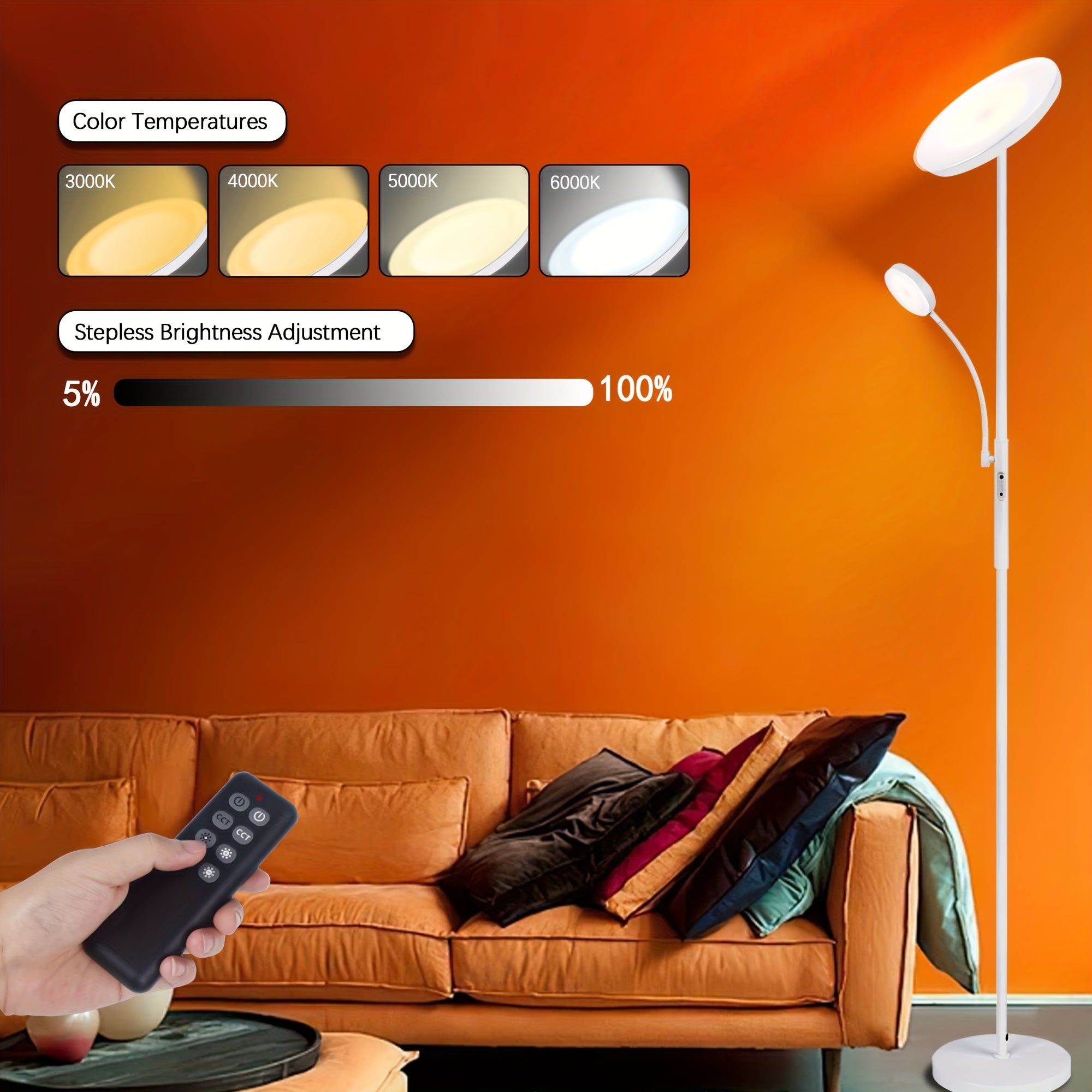 Modern 2-Ways LED Floor Lamp, 27W\u002F2300LM Main & 7W\u002F350LM Reading Light, with Remote Control And Touch Control Functions, 4 Color Temperatures, Adjustable Brightness, for Bedroom, Reaing, Offices, And Living Room