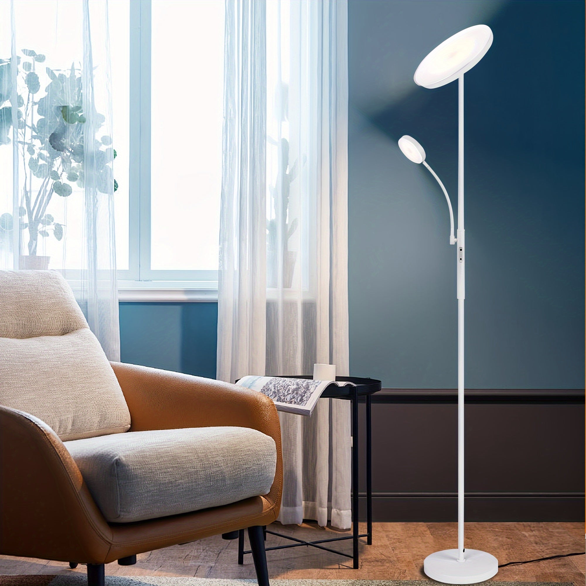 Modern 2-Ways LED Floor Lamp, 27W\u002F2300LM Main & 7W\u002F350LM Reading Light, with Remote Control And Touch Control Functions, 4 Color Temperatures, Adjustable Brightness, for Bedroom, Reaing, Offices, And Living Room