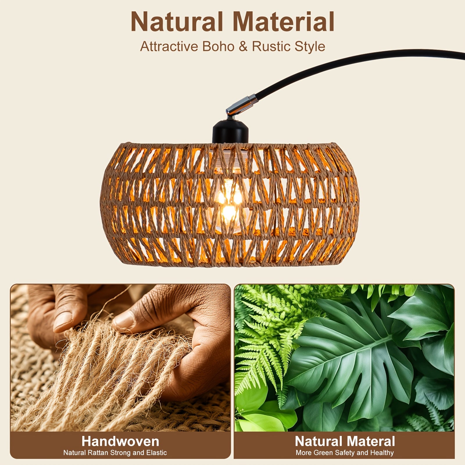 80-inch Jute Rope Curved Floor Lamp E26 Socket Translucent Jute Shade Weighted Base Adjustable Height Adjustable Angle Black Floor Lamp for Living Room, Bedroom, Study, Office (Bulb Not Included)