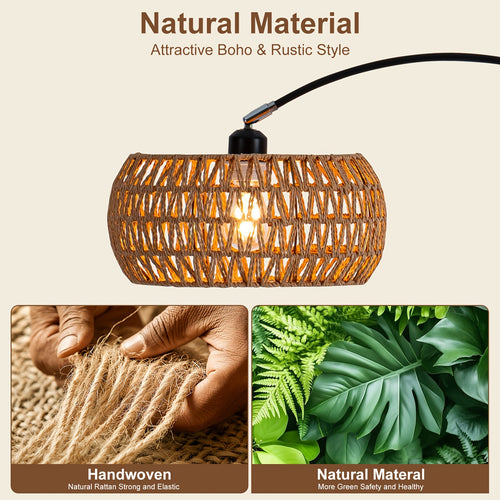 80-inch Jute Rope Curved Floor Lamp E26 Socket Translucent Jute Shade Weighted Base Adjustable Height Adjustable Angle Black Floor Lamp for Living Room, Bedroom, Study, Office (Bulb Not Included)