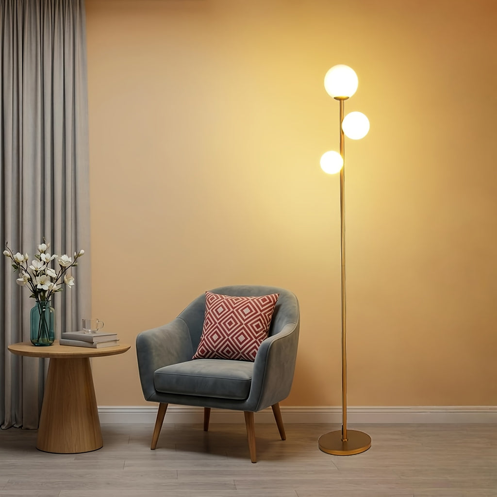 3-Globe Mid Century Modern Floor Lamps for Living Room, Rotatable Dimmable Floor Lamp, Standing Lamp with Marble Base, Golden Tall Lamp with Glass Shades, Pole Lamps for Bedroom, Bulbs Included, for Bedrooms, Office, Christmas