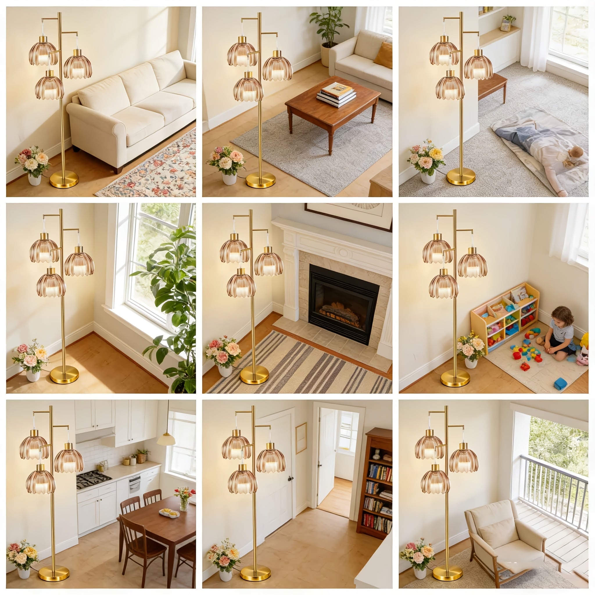 3-Globe Mid Century Modern Floor Lamps for Living Room, Rotatable Dimmable Floor Lamp, Standing Lamp with Marble Base, Golden Tall Lamp with Glass Shades, Pole Lamps for Bedroom, Bulbs Included, for Bedrooms, Office, Christmas