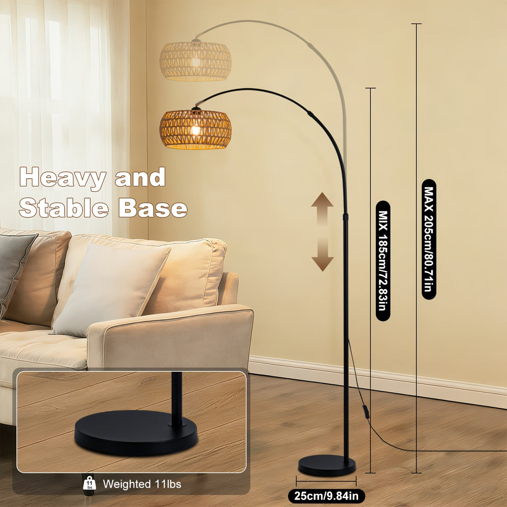 80-inch Jute Rope Curved Floor Lamp E26 Socket Translucent Jute Shade Weighted Base Adjustable Height Adjustable Angle Black Floor Lamp for Living Room, Bedroom, Study, Office (Bulb Not Included)