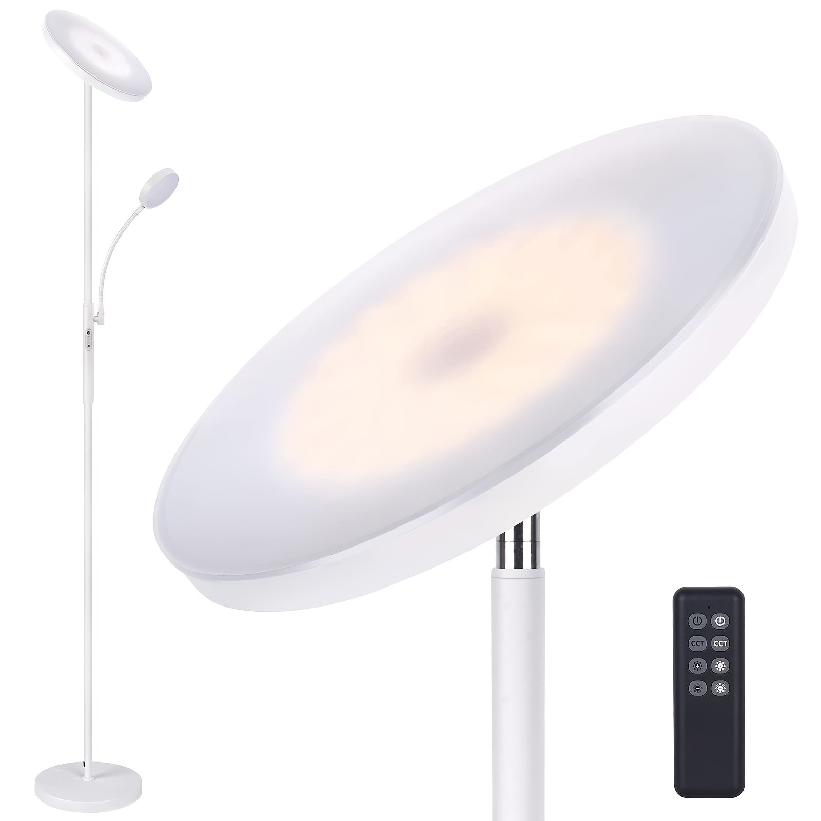 Dual-Function LED Floor Lamp, Featuring a 27W\u002F2300LM Main Light And a 7W\u002F350LM Reading Light, with Four Adjustable Color Temperatures. This Dimmable Torchiere Standing Lamp Includes Remote And Touch Control, Suitable for Home And Office Use