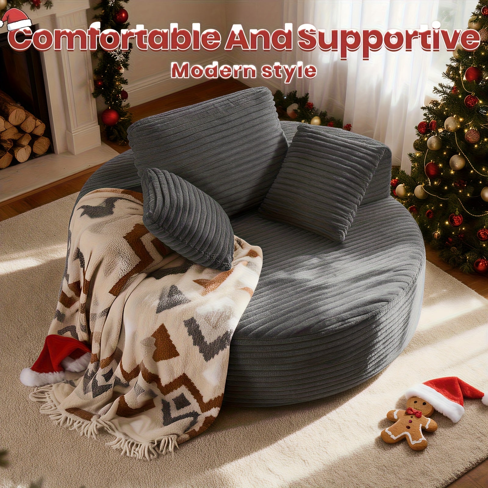 55-inch Extra Large Round Indoor Recliner, Modern Corduroy Deep Seat Single Cloud Lounge Floor Sofa Chair for Living Room, Bedroom, Apartment, No Installation Required