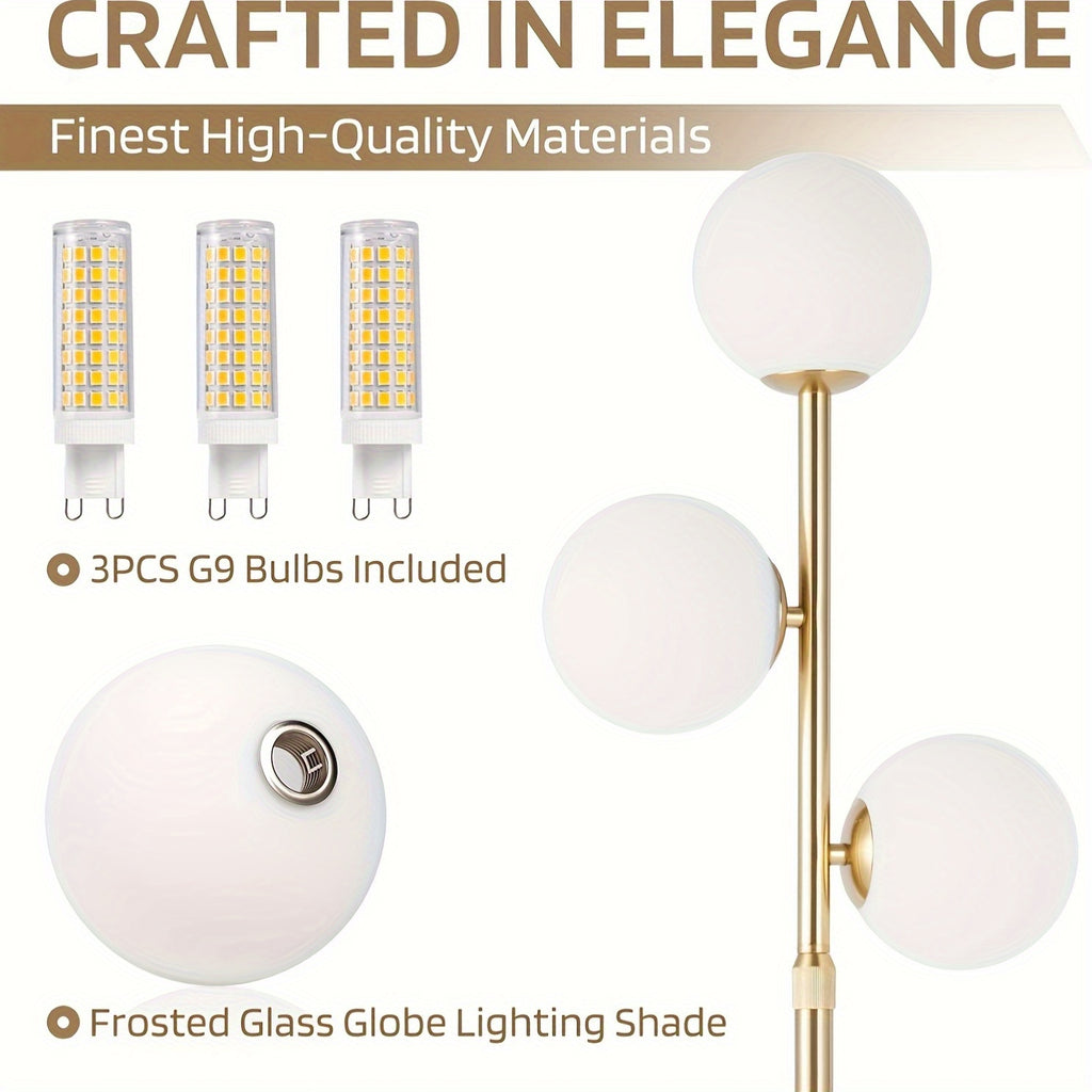 3-Globe Mid Century Modern Floor Lamps for Living Room, Rotatable Dimmable Floor Lamp, Standing Lamp with Marble Base, Golden Tall Lamp with Glass Shades, Pole Lamps for Bedroom, Bulbs Included, for Bedrooms, Office, Christmas