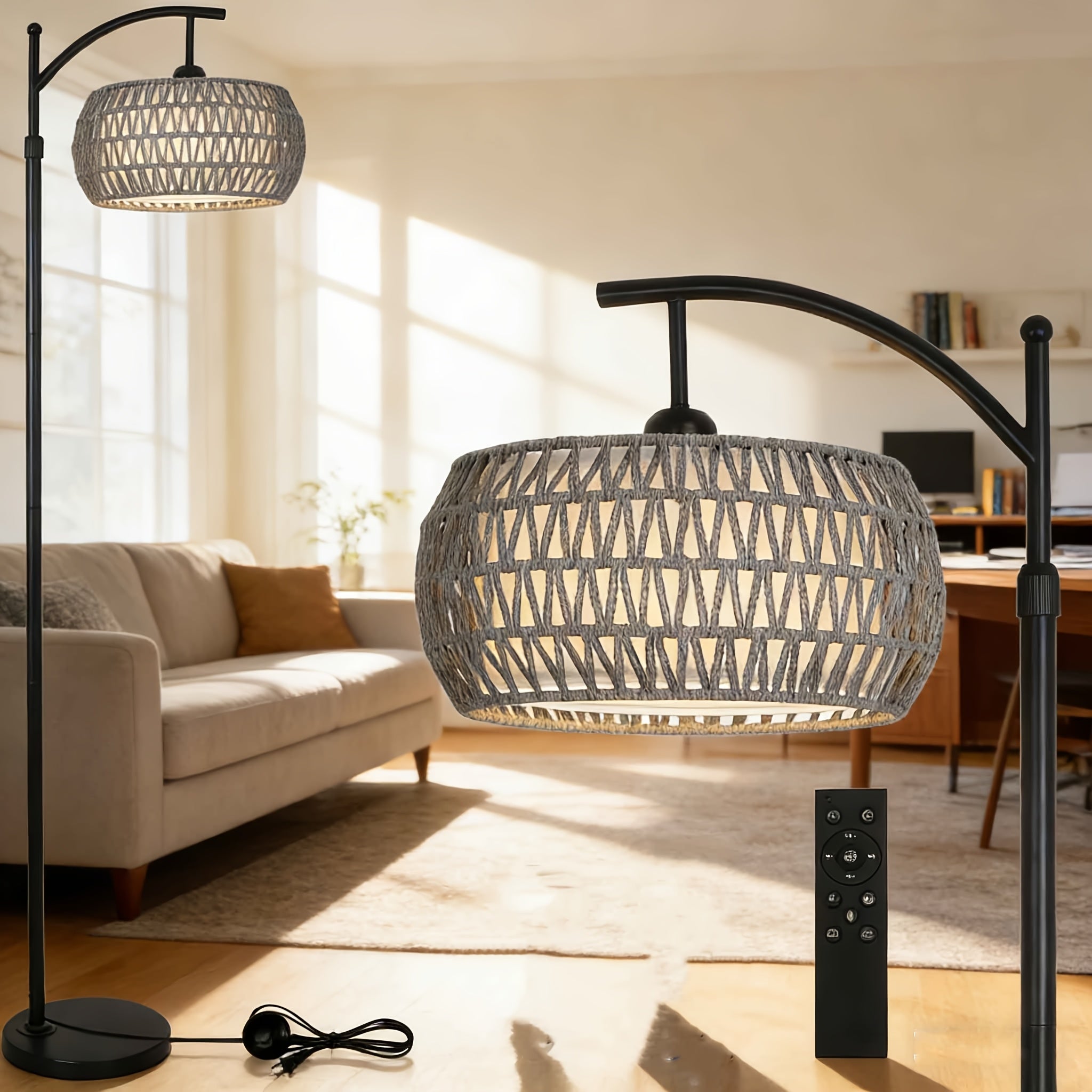 Arc Floor Lamp For Living Room Bedroom -Black Metal Body With Paper Rope & Fabric Shade, Dimmable Color Temperature, Remote-Controlled Industrial Bohemian Farmhouse Standing Light