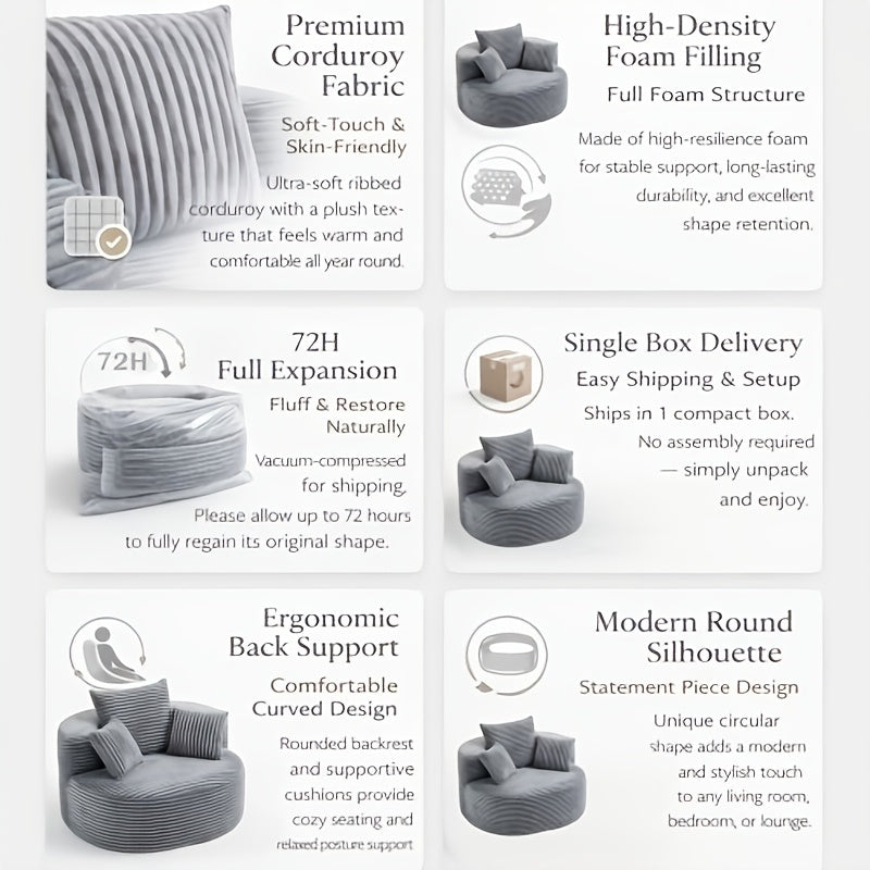 New Arrival: Round Corduroy Single-Seater Sofa. Soft And Comfortable, And Conveniently Vacuum-Packed, This Stylish And Practical Piece Is Perfect for Use in Both Living Rooms And Bedrooms, Making It Suitable for A Wide Variety of Settings