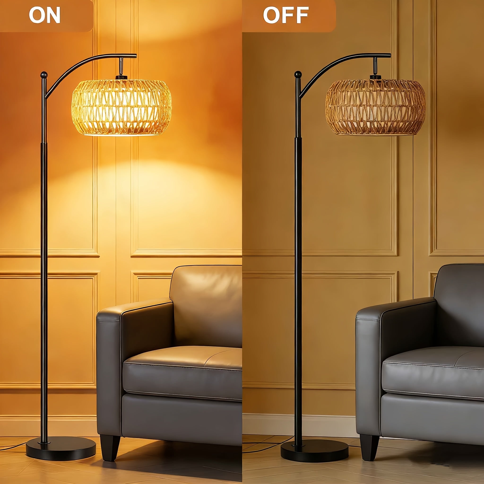 Arc Floor Lamp For Living Room Bedroom -Black Metal Body With Paper Rope & Fabric Shade, Dimmable Color Temperature, Remote-Controlled Industrial Bohemian Farmhouse Standing Light