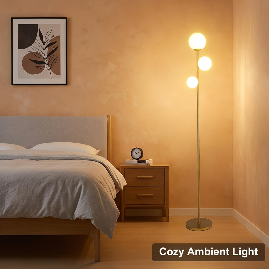 3-Globe Mid Century Modern Floor Lamps for Living Room, Rotatable Dimmable Floor Lamp, Standing Lamp with Marble Base, Golden Tall Lamp with Glass Shades, Pole Lamps for Bedroom, Bulbs Included, for Bedrooms, Office, Christmas