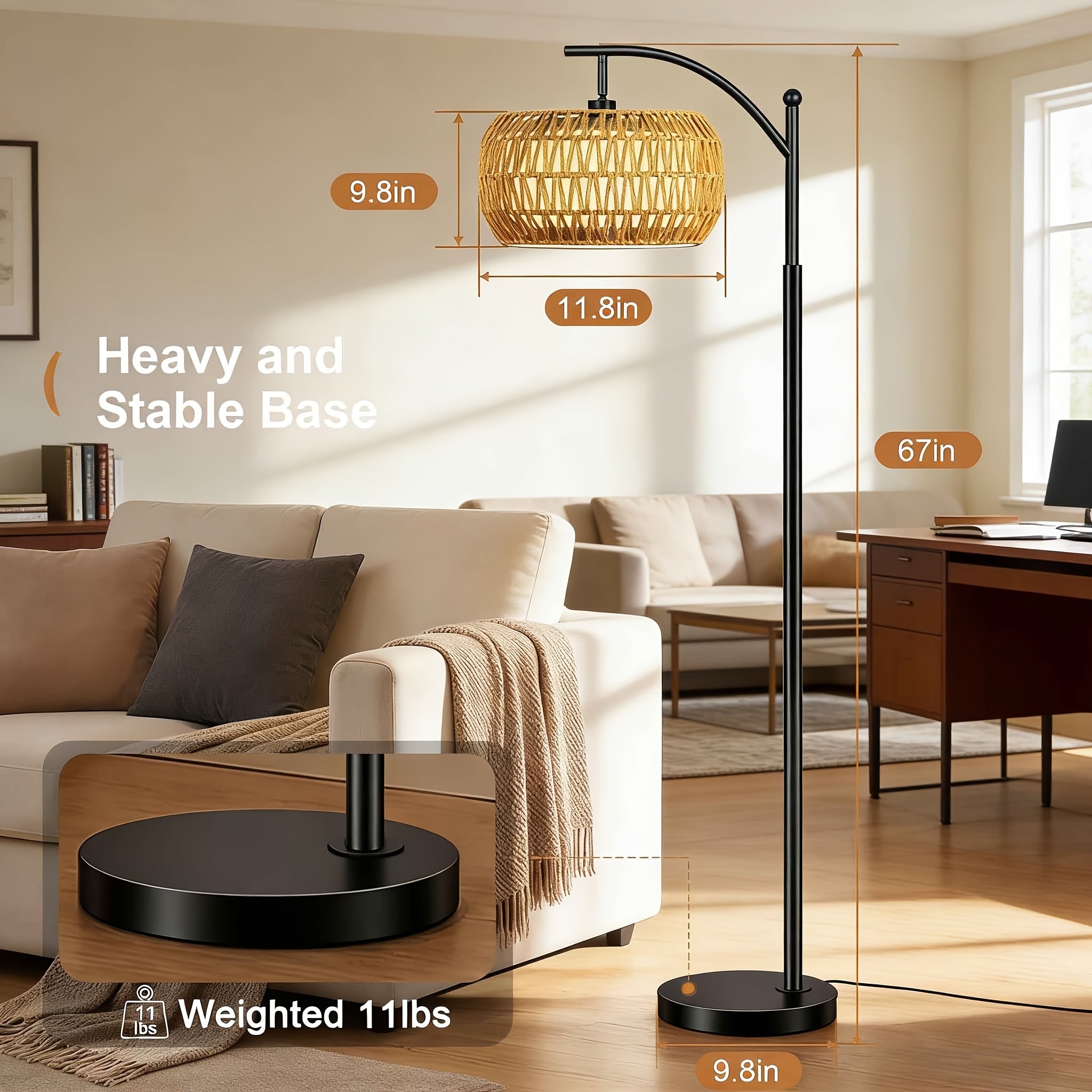 Arc Floor Lamp For Living Room Bedroom -Black Metal Body With Paper Rope & Fabric Shade, Dimmable Color Temperature, Remote-Controlled Industrial Bohemian Farmhouse Standing Light