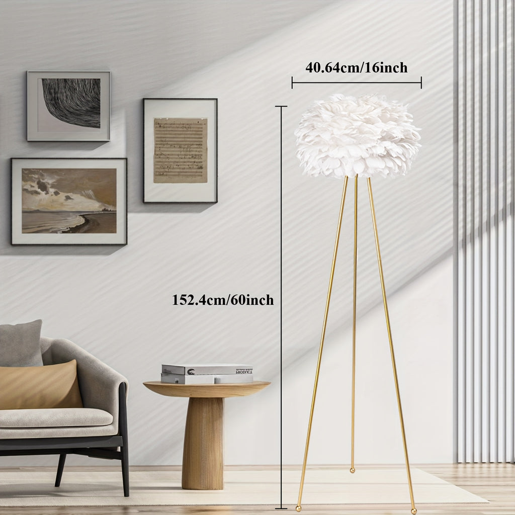 60-Inch Feather Floor Lamp Featuring a Tripod Design with a White Feather Shade, Ideal for Illuminating Bedrooms, Dining Areas, Living Rooms, Kitchens, Studies, And Offices