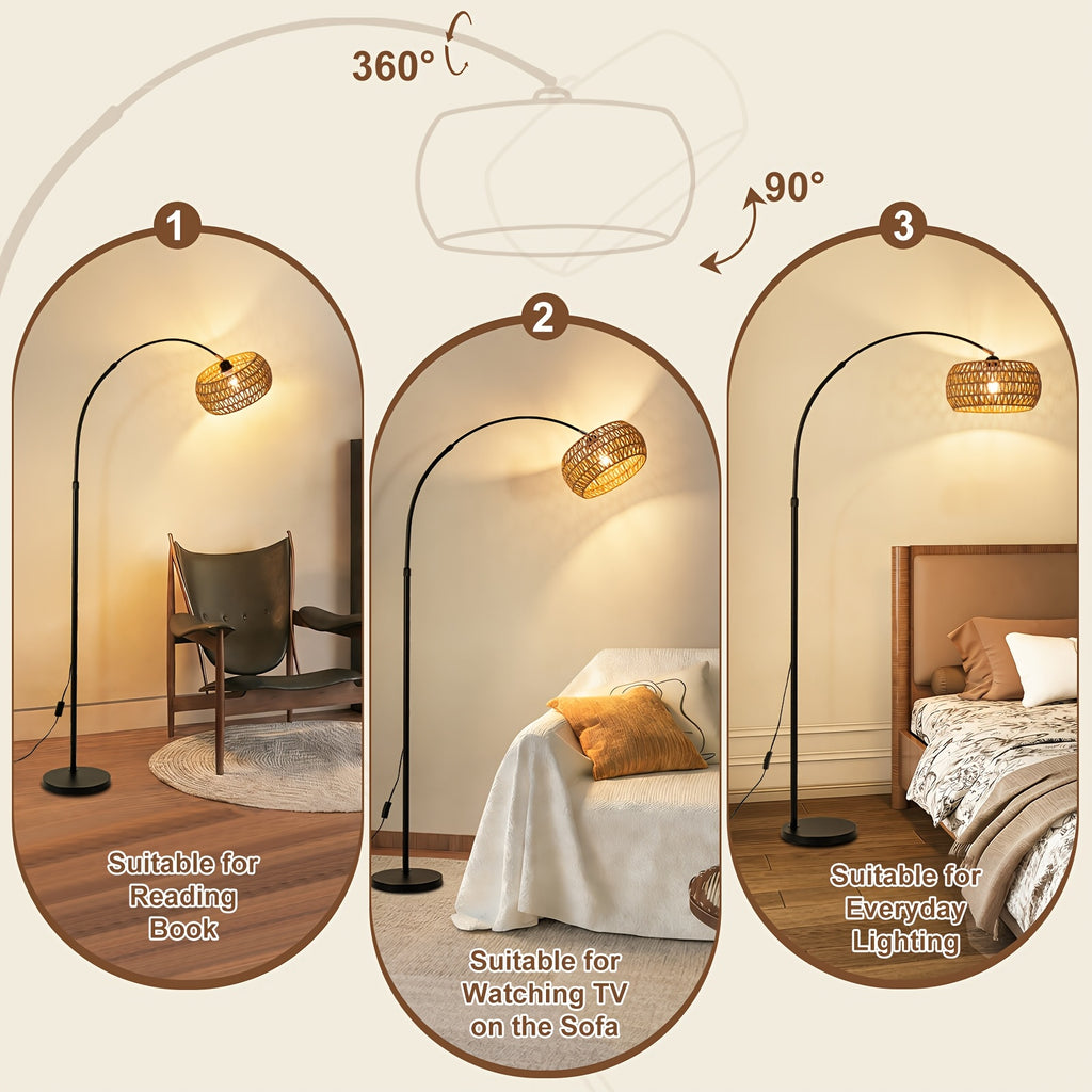 80-inch Jute Rope Curved Floor Lamp E26 Socket Translucent Jute Shade Weighted Base Adjustable Height Adjustable Angle Black Floor Lamp for Living Room, Bedroom, Study, Office (Bulb Not Included)