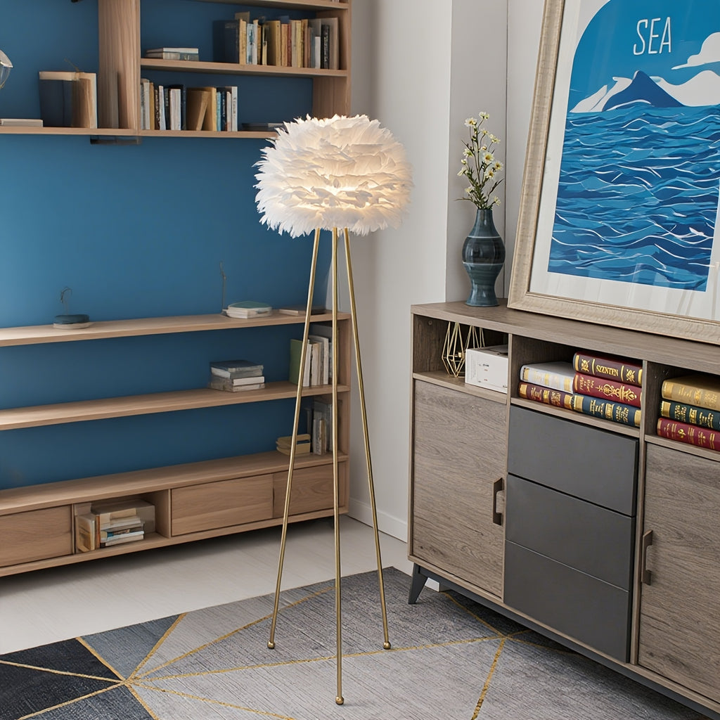 60-Inch Feather Floor Lamp Featuring a Tripod Design with a White Feather Shade, Ideal for Illuminating Bedrooms, Dining Areas, Living Rooms, Kitchens, Studies, And Offices