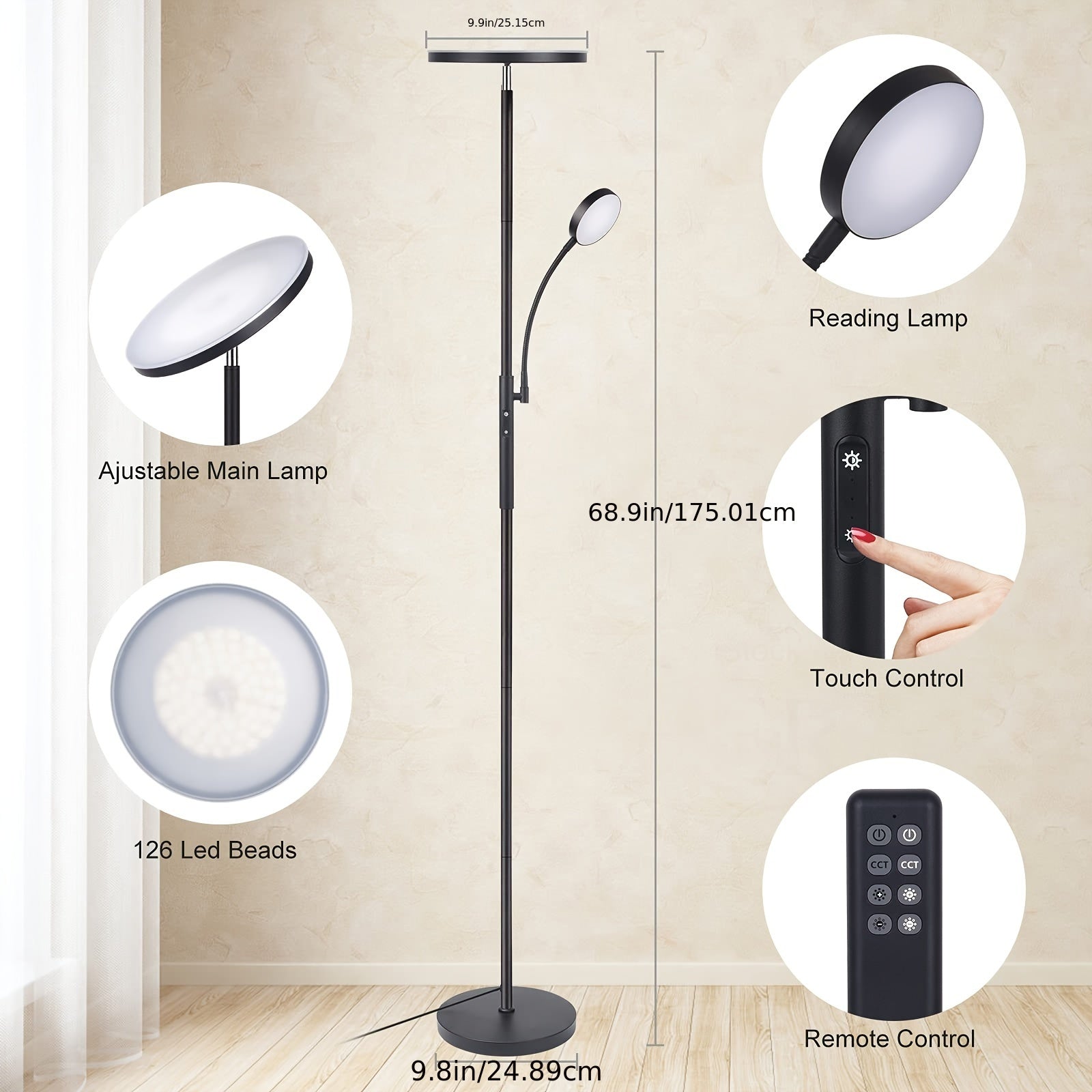 Modern 2-Ways LED Floor Lamp, 27W\u002F2300LM Main & 7W\u002F350LM Reading Light, with Remote Control And Touch Control Functions, 4 Color Temperatures, Adjustable Brightness, for Bedroom, Reaing, Offices, And Living Room