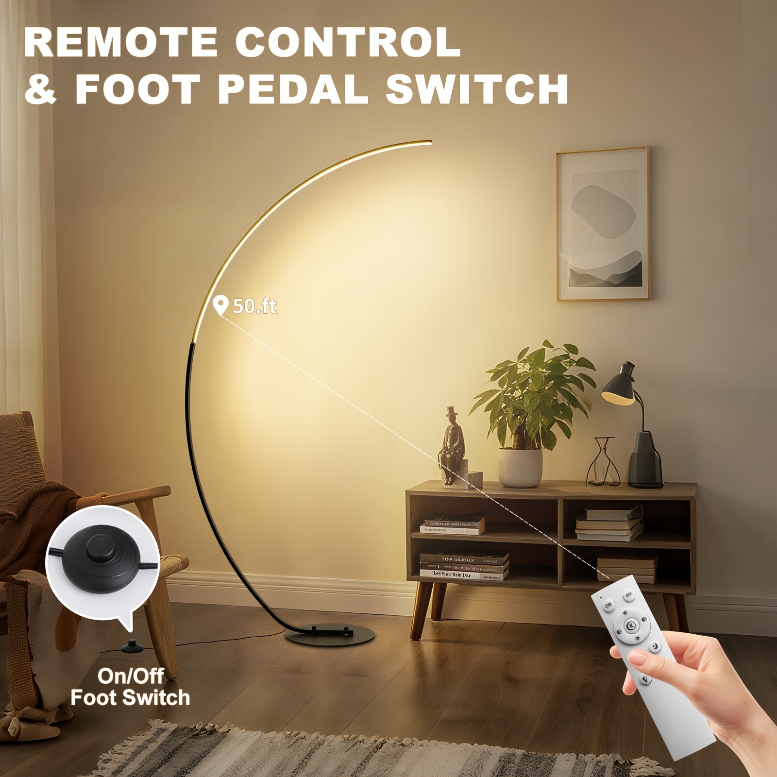 A 65-Inch Arched Floor Lamp Featuring a Remote Control, This Modern Lamp Offers Three Adjustable Color Temperatures And Dimmable Black LED Lights, Perfect for Creating a Cozy Atmosphere in Your Bedroom Or Living Room