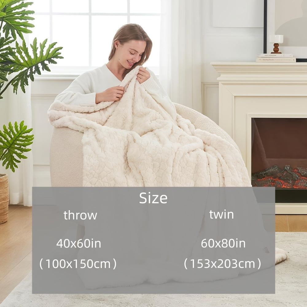 WERVITY Cozy Bliss Faux Fur Throw Blanket for Couch, Fuzzy Soft Plush Thick Warm Fluffy Reversible Wave Textured Blanket for Sofa Bedroom Living Room, 40 * 60 Inches Cream White