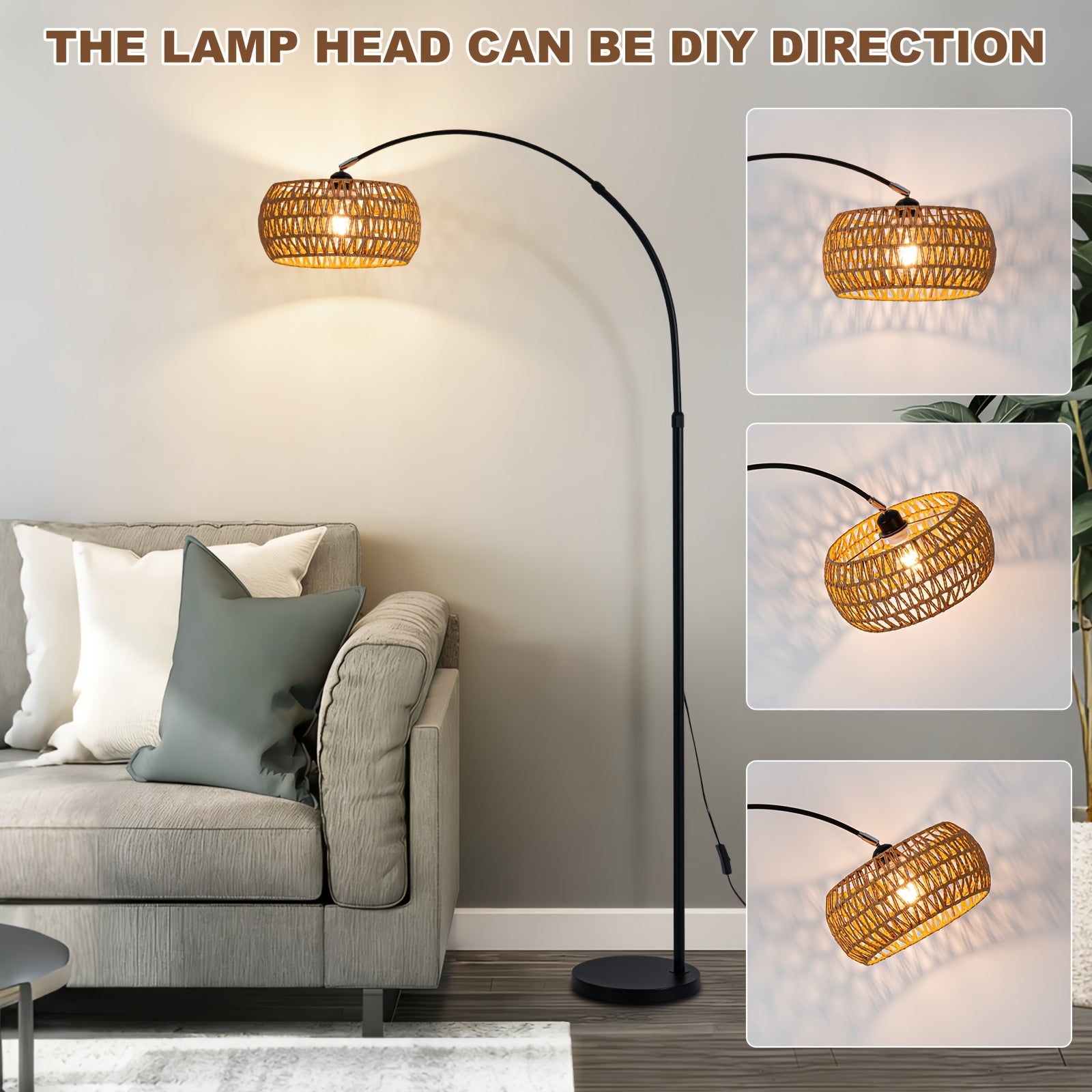 80-inch Jute Rope Curved Floor Lamp E26 Socket Translucent Jute Shade Weighted Base Adjustable Height Adjustable Angle Black Floor Lamp for Living Room, Bedroom, Study, Office (Bulb Not Included)