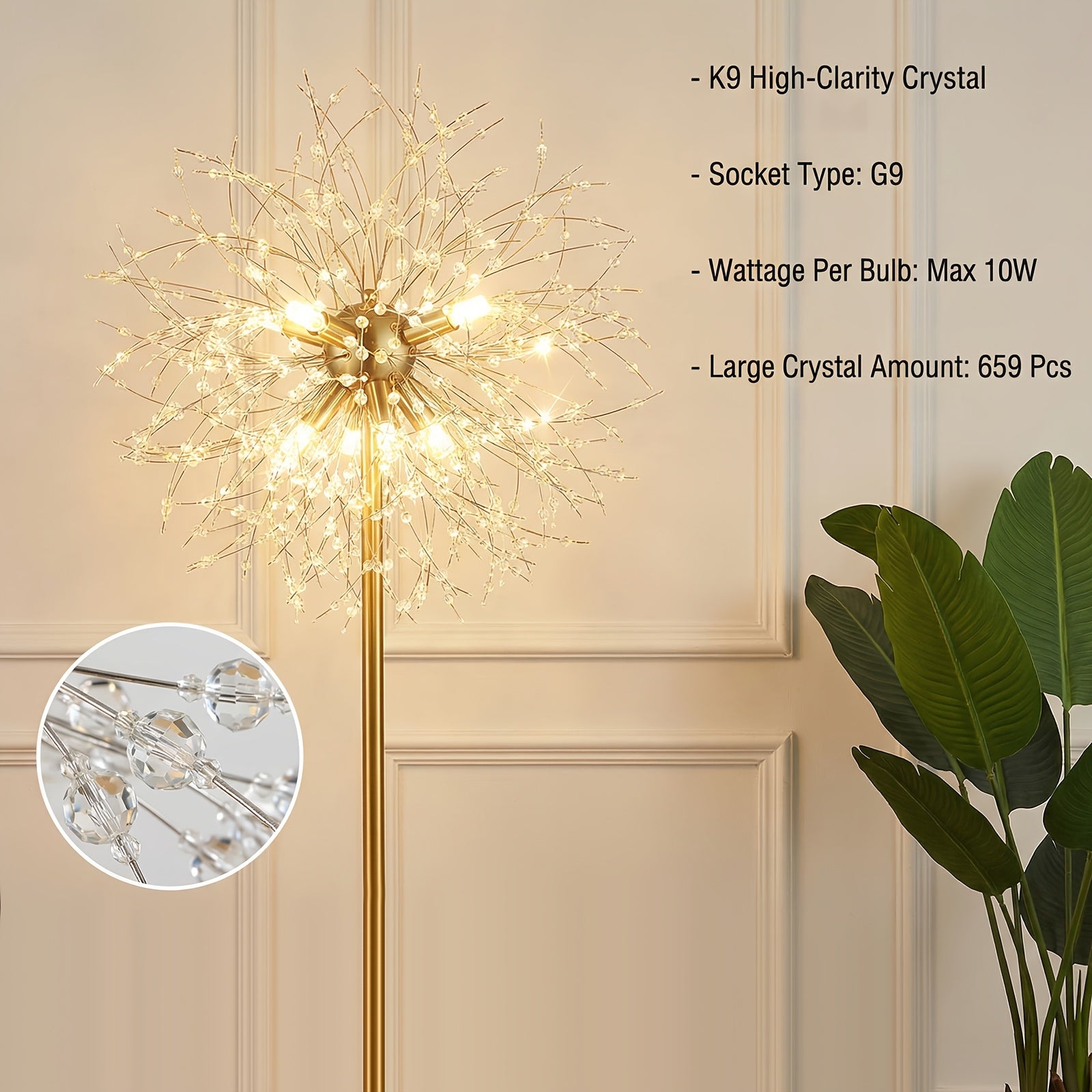 Modern Floor Lamp for Room: Golden Crystal Floor Lamps Tall Elegant Standing Lamp with On-Off Foot Switch - Standing Lamp for Bedroom - Tall Floor Lamp for Office Corner Bulbs,Living Room Floor Lamp, Gift, Festival, Ambient Light, No Included