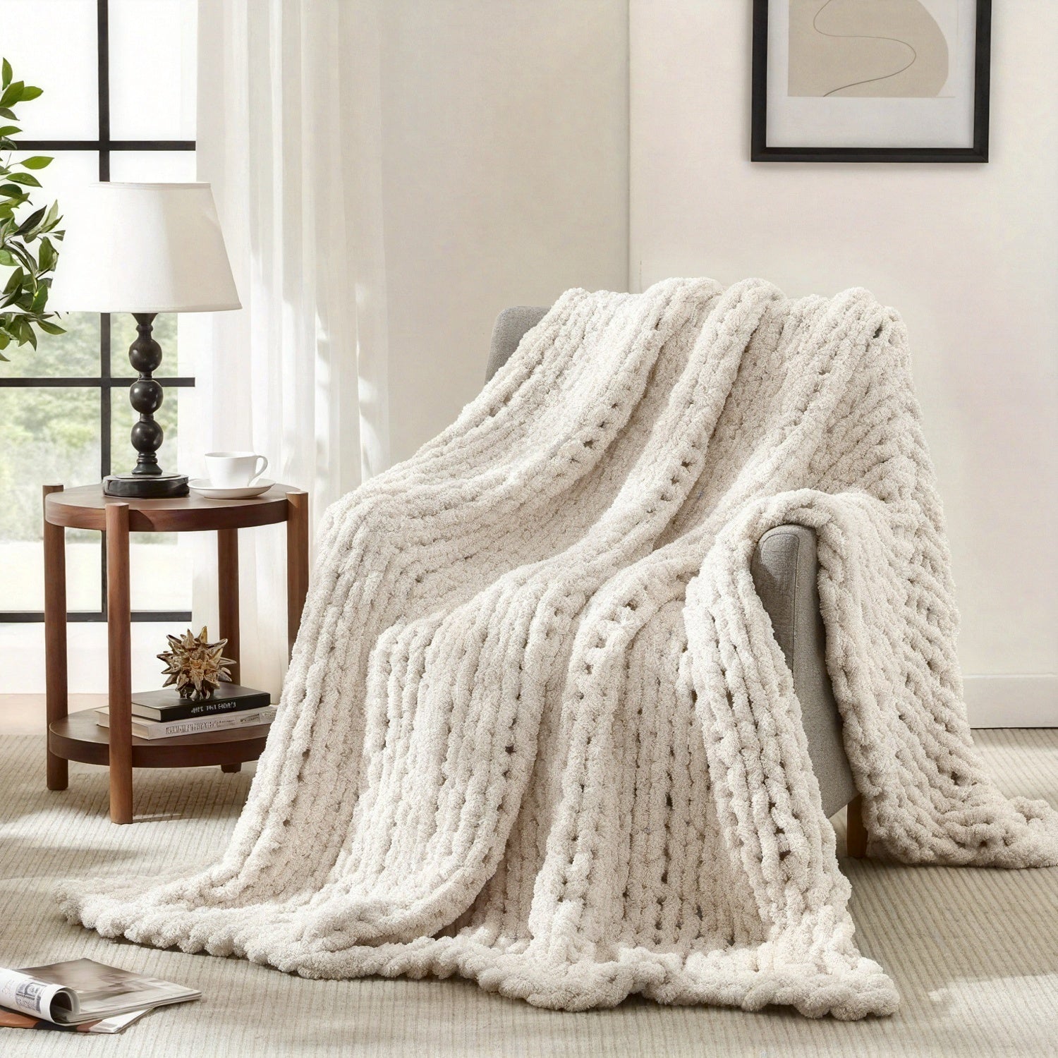 Chunky Blanket Throw, 100% Hand Chenille Throw Blanket for Sofa & Home Decor, Handmade Thick Cable Crochet Blanket