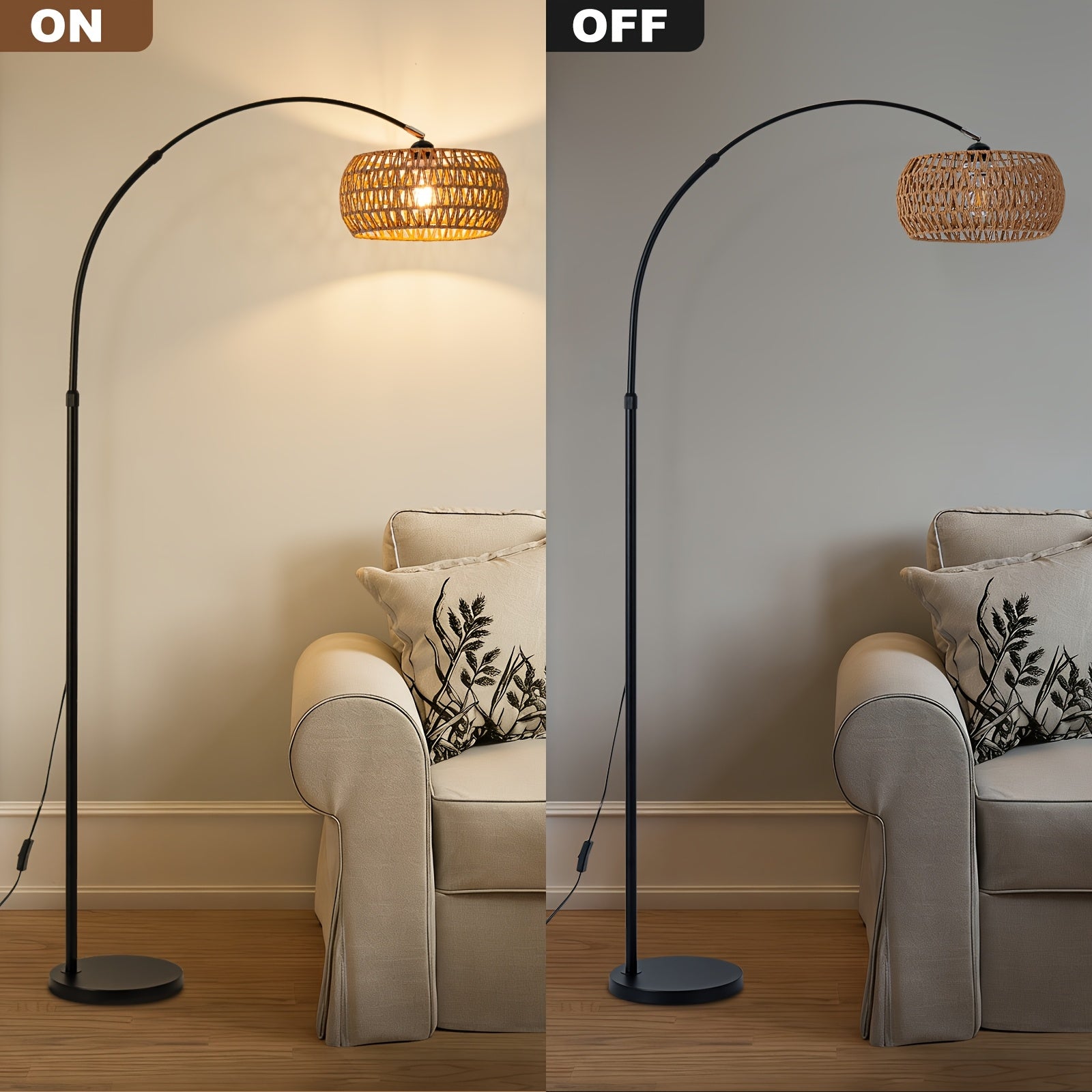 80-inch Jute Rope Curved Floor Lamp E26 Socket Translucent Jute Shade Weighted Base Adjustable Height Adjustable Angle Black Floor Lamp for Living Room, Bedroom, Study, Office (Bulb Not Included)