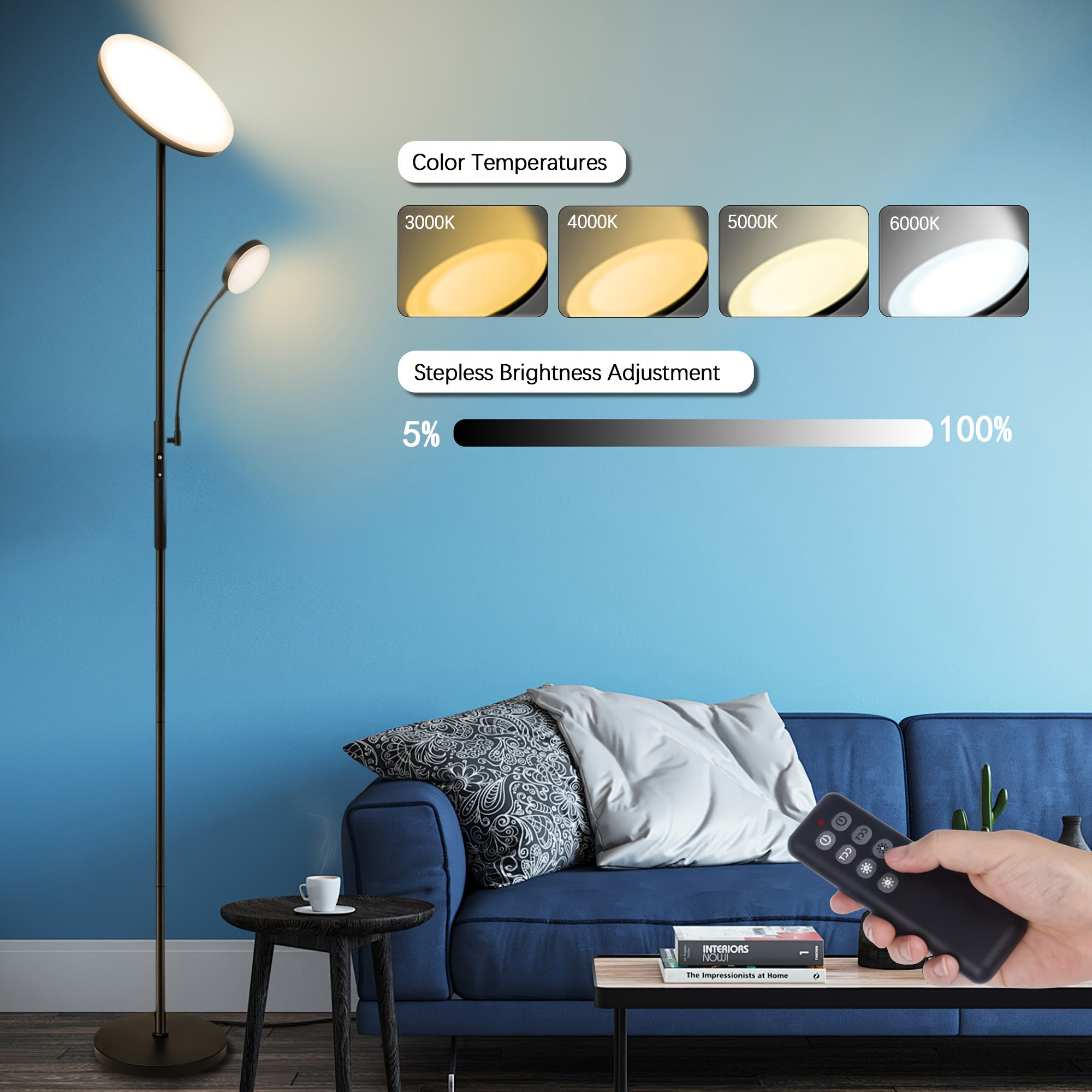 Modern 2-Ways LED Floor Lamp, 27W\u002F2300LM Main & 7W\u002F350LM Reading Light, with Remote Control And Touch Control Functions, 4 Color Temperatures, Adjustable Brightness, for Bedroom, Reaing, Offices, And Living Room