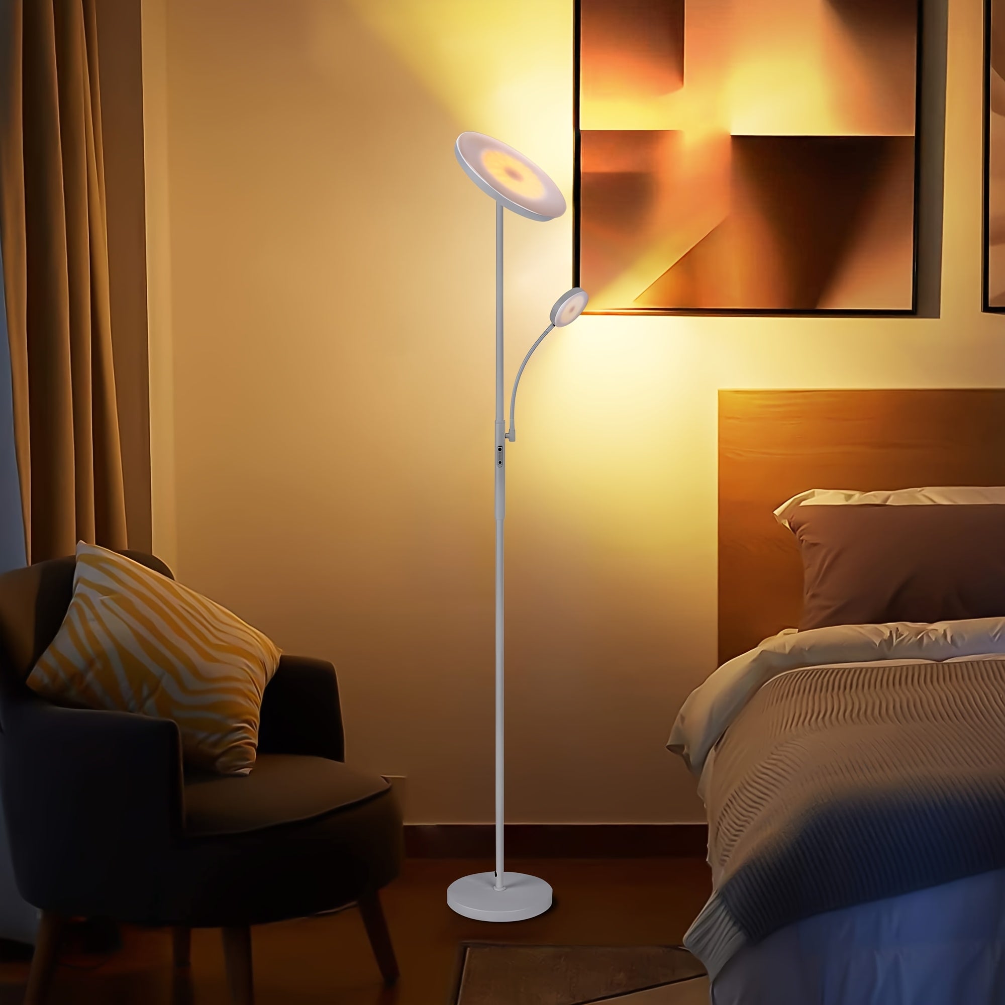Dual-Function LED Floor Lamp, Featuring a 27W\u002F2300LM Main Light And a 7W\u002F350LM Reading Light, with Four Adjustable Color Temperatures. This Dimmable Torchiere Standing Lamp Includes Remote And Touch Control, Suitable for Home And Office Use