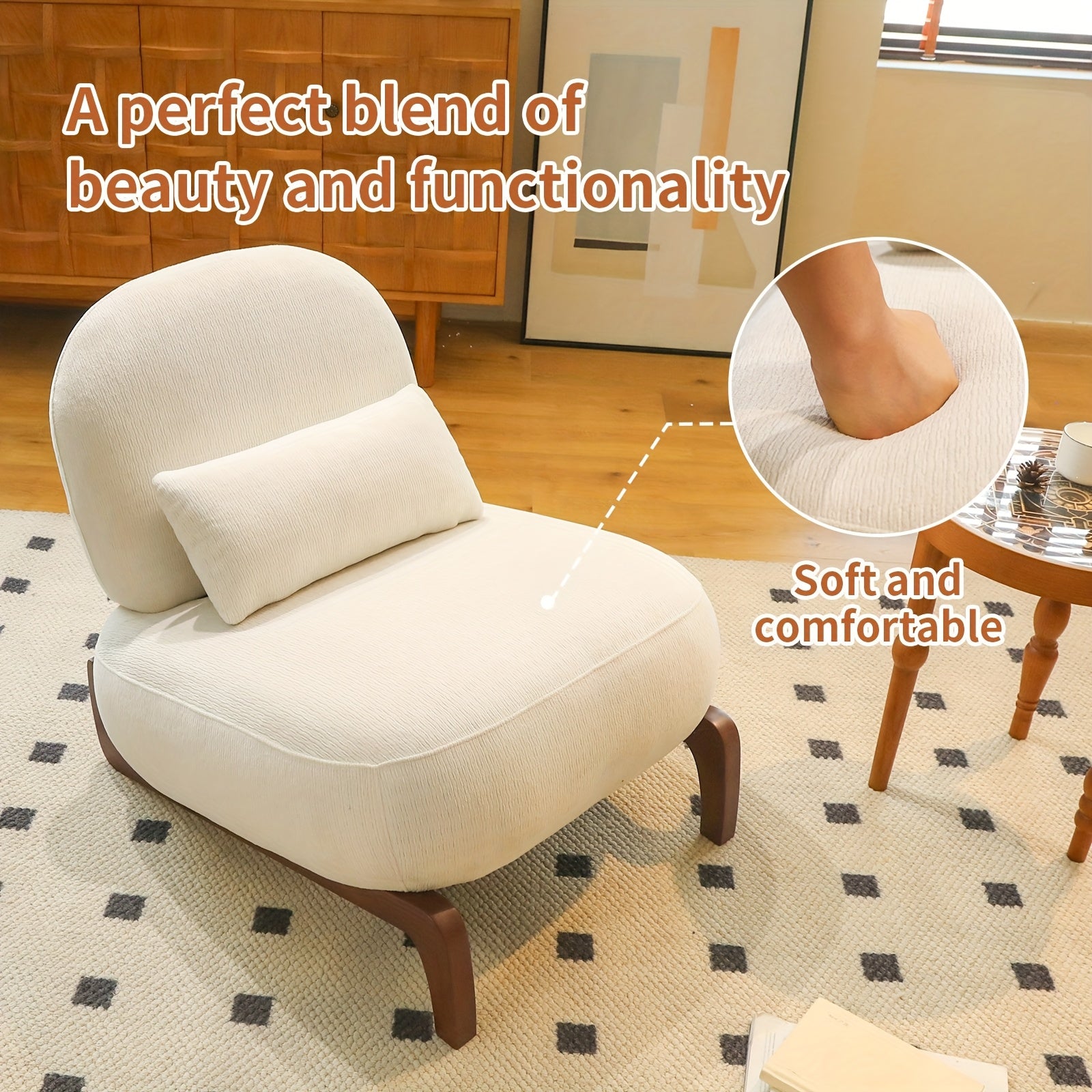 Morden Accent Chair with Solid Wood Legs, Velvet Living Room Chair with Soft Cushion, Cozy Bedroom Chair, Comfy Armless Reading Chair for Apartment, Waiting Room, Balcony