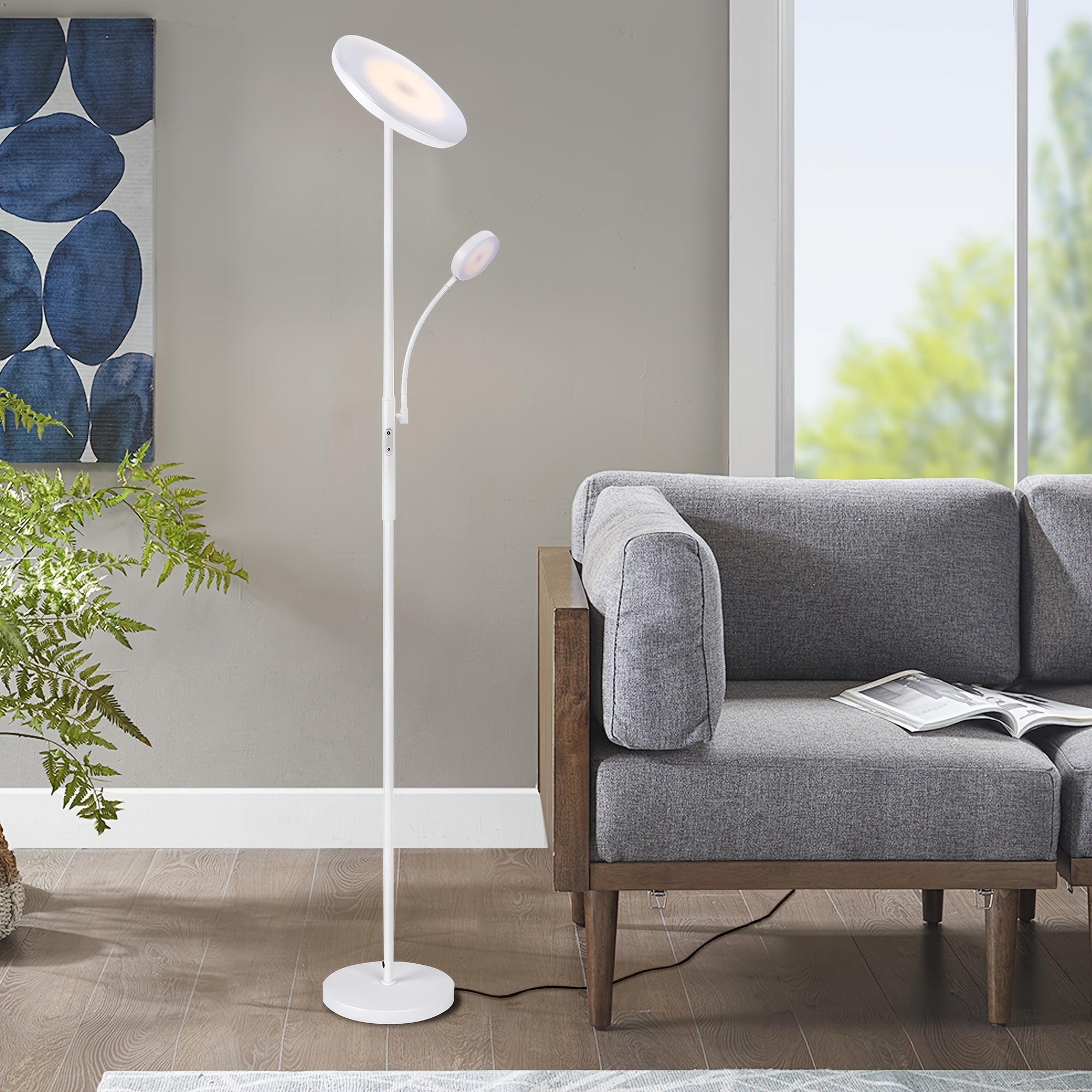 Modern 2-Ways LED Floor Lamp, 27W\u002F2300LM Main & 7W\u002F350LM Reading Light, with Remote Control And Touch Control Functions, 4 Color Temperatures, Adjustable Brightness, for Bedroom, Reaing, Offices, And Living Room