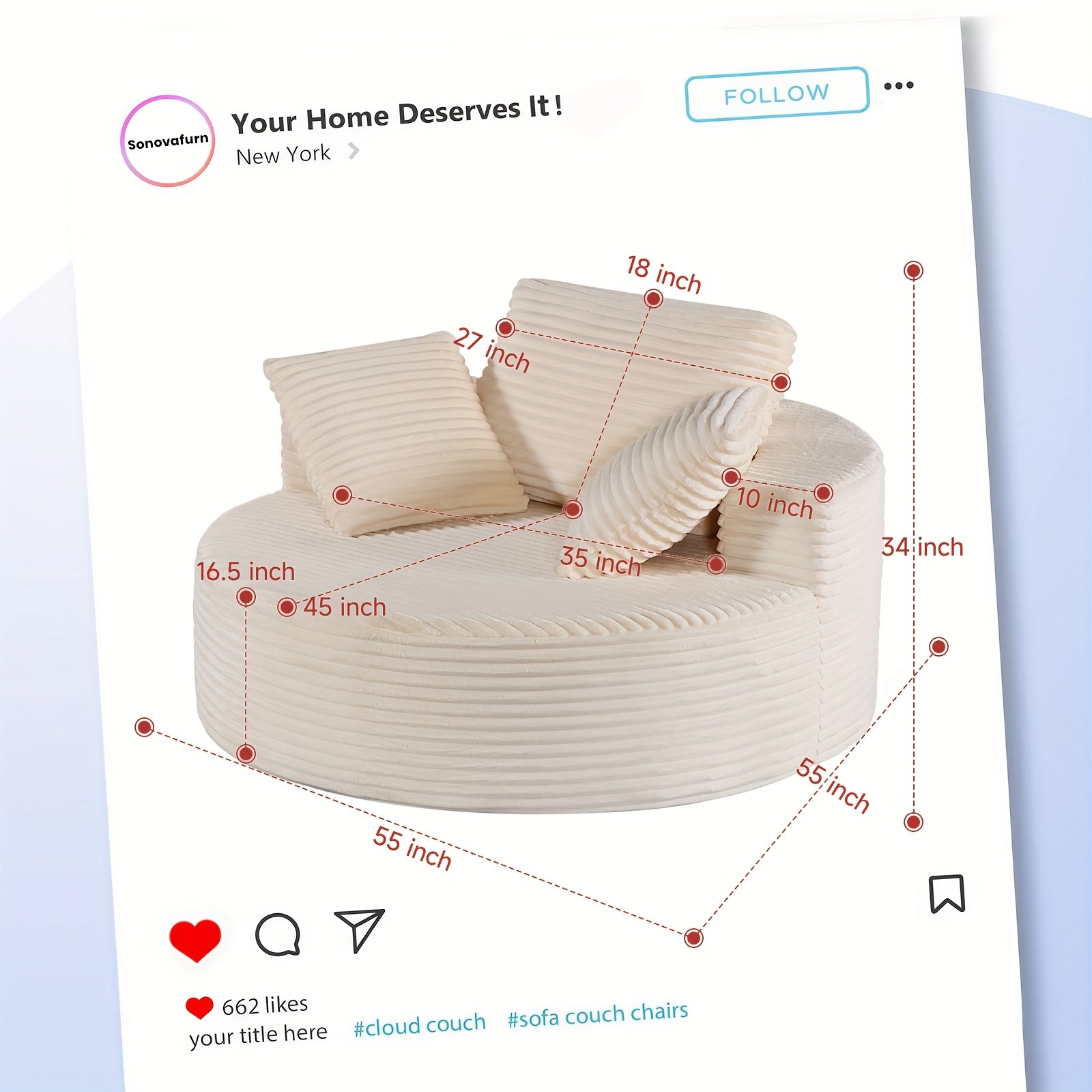 55-inch Extra Large Round Indoor Recliner, Modern Corduroy Deep Seat Single Cloud Lounge Floor Sofa Chair for Living Room, Bedroom, Apartment, No Installation Required