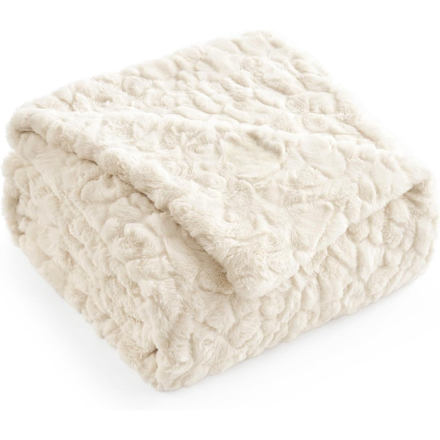 WERVITY Cozy Bliss Faux Fur Throw Blanket for Couch, Fuzzy Soft Plush Thick Warm Fluffy Reversible Wave Textured Blanket for Sofa Bedroom Living Room, 40 * 60 Inches Cream White