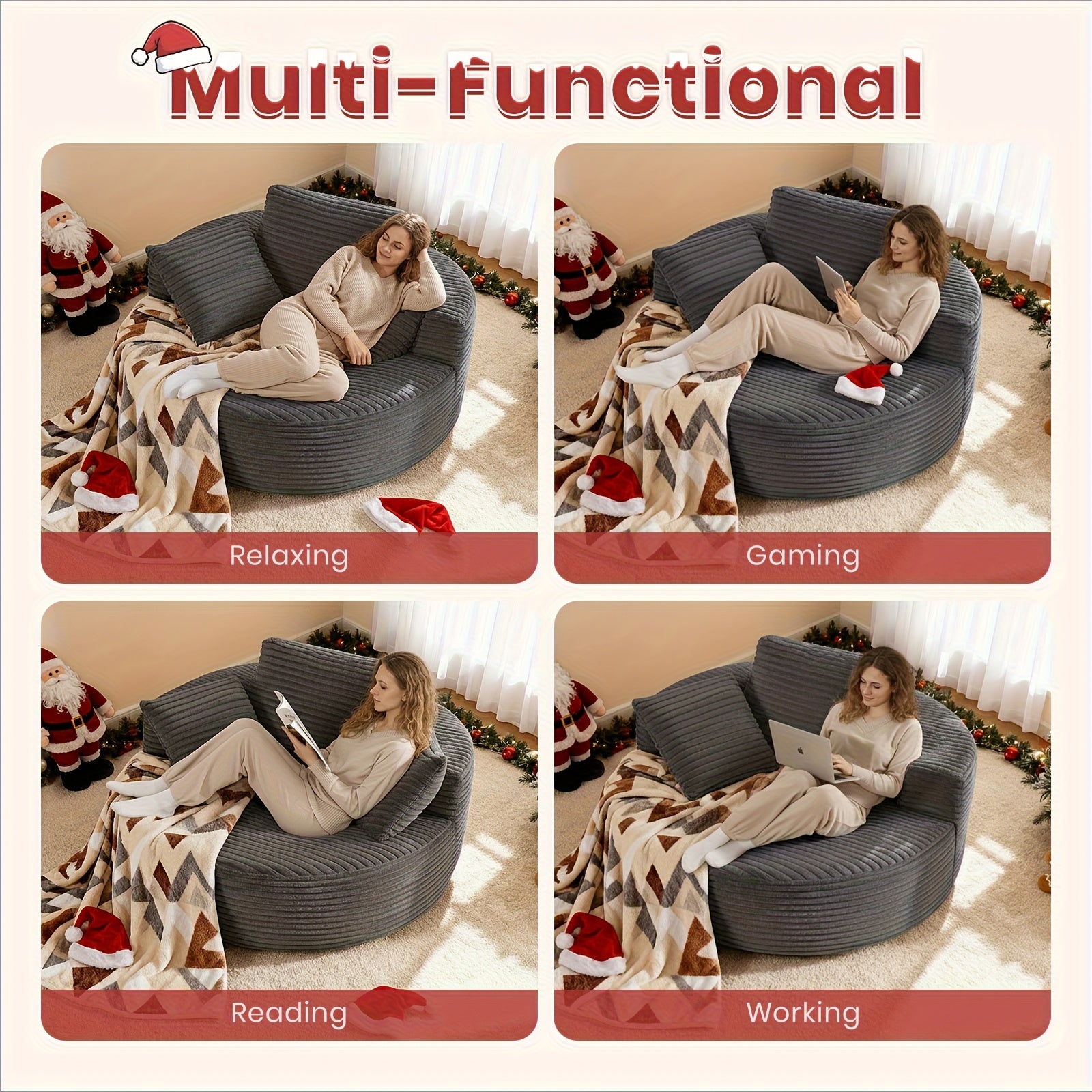 55-inch Extra Large Round Indoor Recliner, Modern Corduroy Deep Seat Single Cloud Lounge Floor Sofa Chair for Living Room, Bedroom, Apartment, No Installation Required