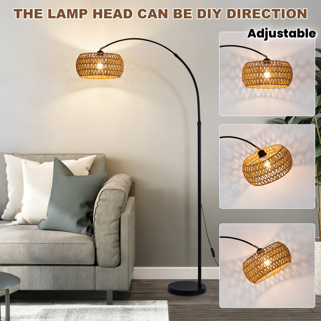80-inch Jute Rope Curved Floor Lamp E26 Socket Translucent Jute Shade Weighted Base Adjustable Height Adjustable Angle Black Floor Lamp for Living Room, Bedroom, Study, Office (Bulb Not Included)