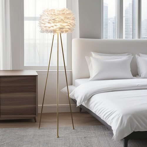60-Inch Feather Floor Lamp Featuring a Tripod Design with a White Feather Shade, Ideal for Illuminating Bedrooms, Dining Areas, Living Rooms, Kitchens, Studies, And Offices